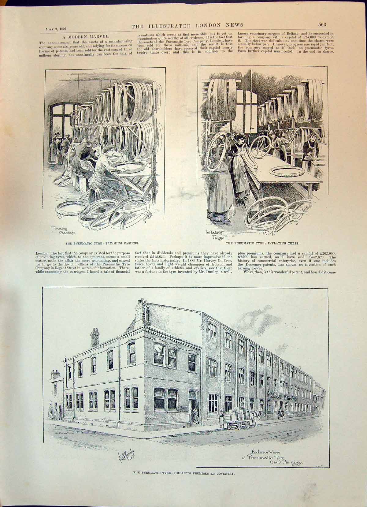 Antique Print 1896 Pneumatic Tyre Company Building Coventry Wheel Shop Manu 19th