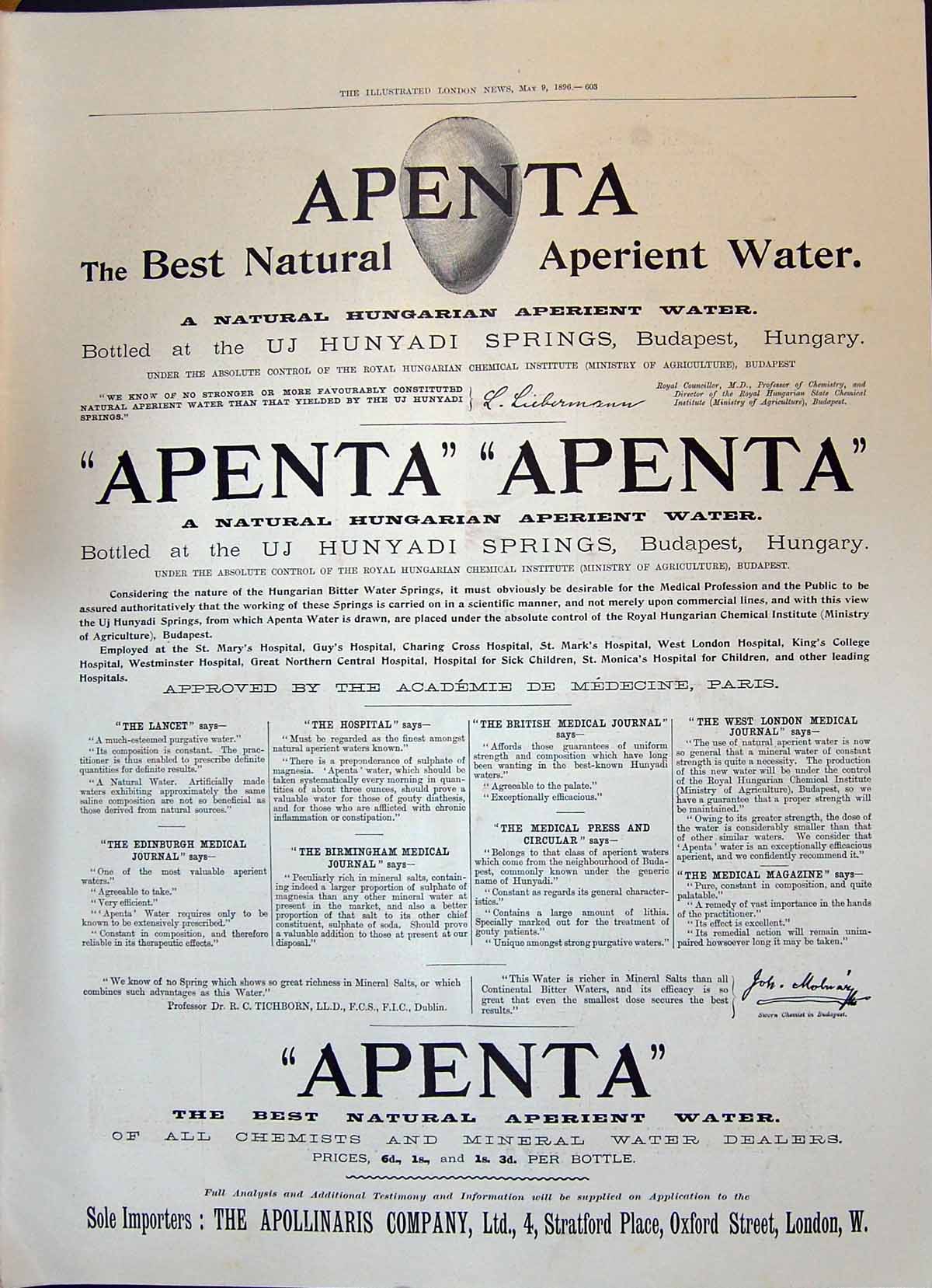 Antique Old Print 1896 Apenta Best Natural Aperient Water Apollinaris London