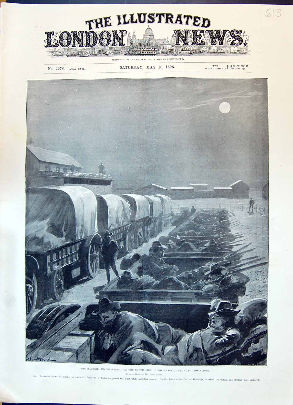 Old Print 1896 Matabili Insurrection Laager Buluwayo Moonlight Scene Sie 19th