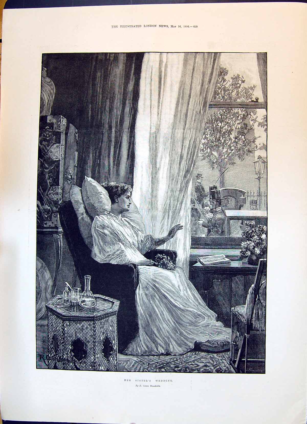 Antique Old Print 1896 Woodville Sisters Wedding Woman Watching House Window