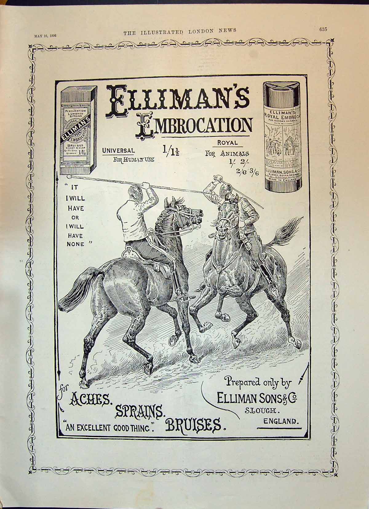 Antique Old Print 1896 Ellimans Embrocation Universal Royal Slough England 19th