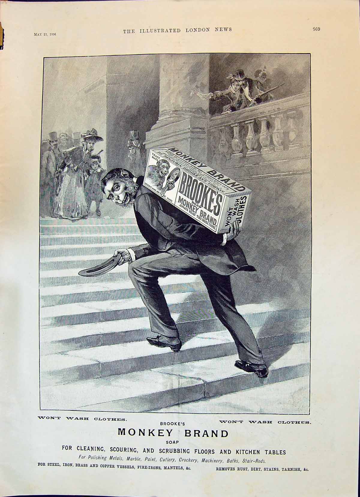 Antique Old Print 1896 Brooke'S Monkey Brand Soap Cleaning Scouring Scrubbing