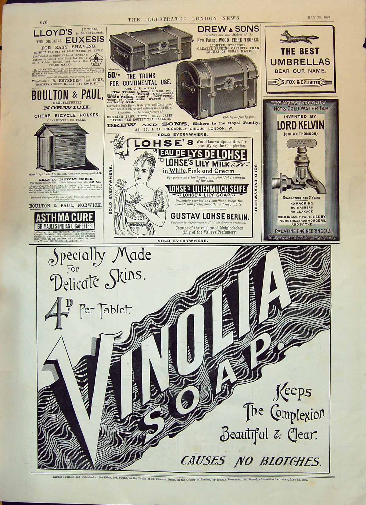 Antique Old Print 1896 Vinoilia Soap Water Tap Lord Kelvin Drew Boulton Paul