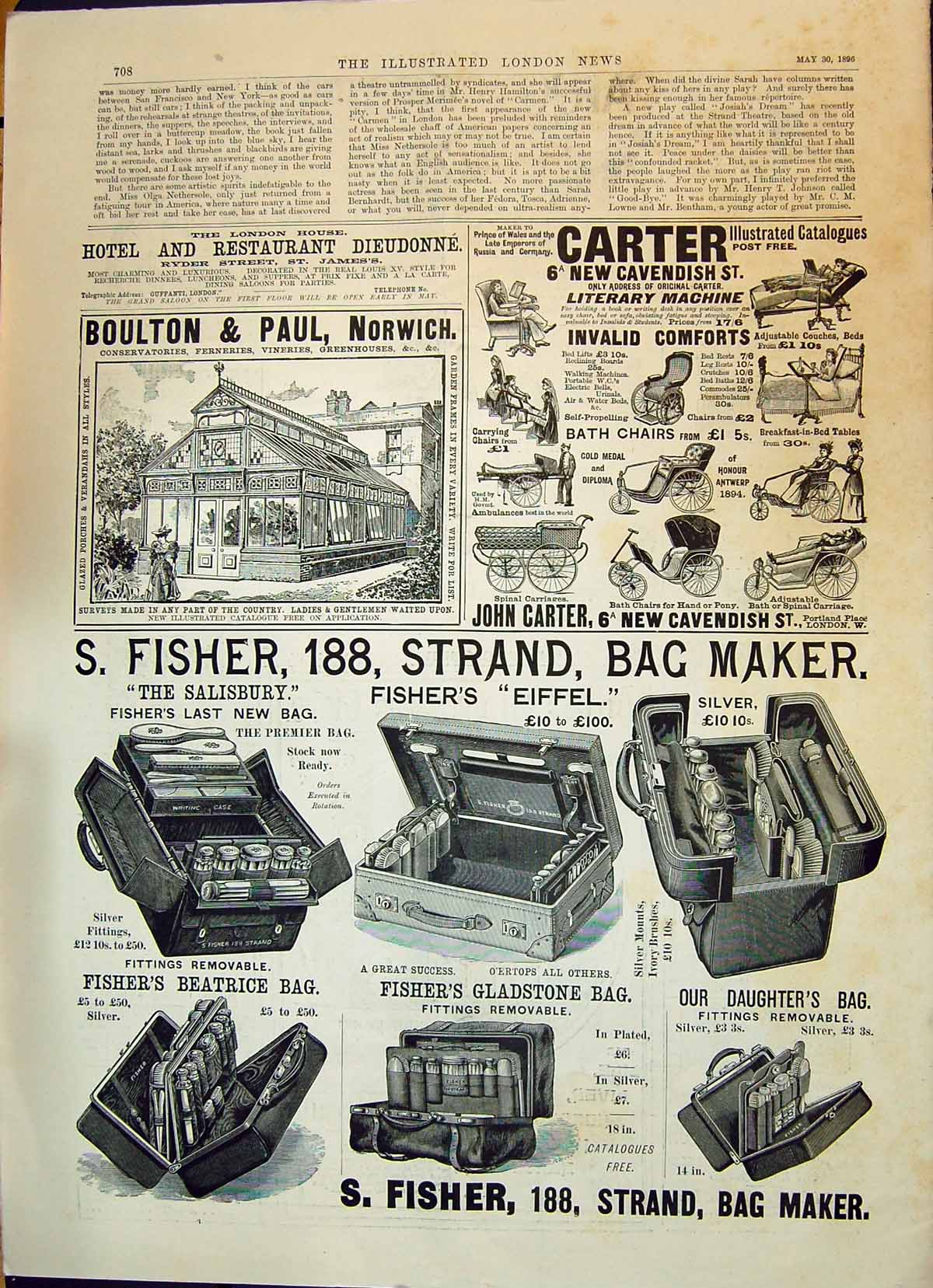 Antique Old Print 1896 Fisher Strand Bag Maker Boulton Paul Norwich Carter 19th