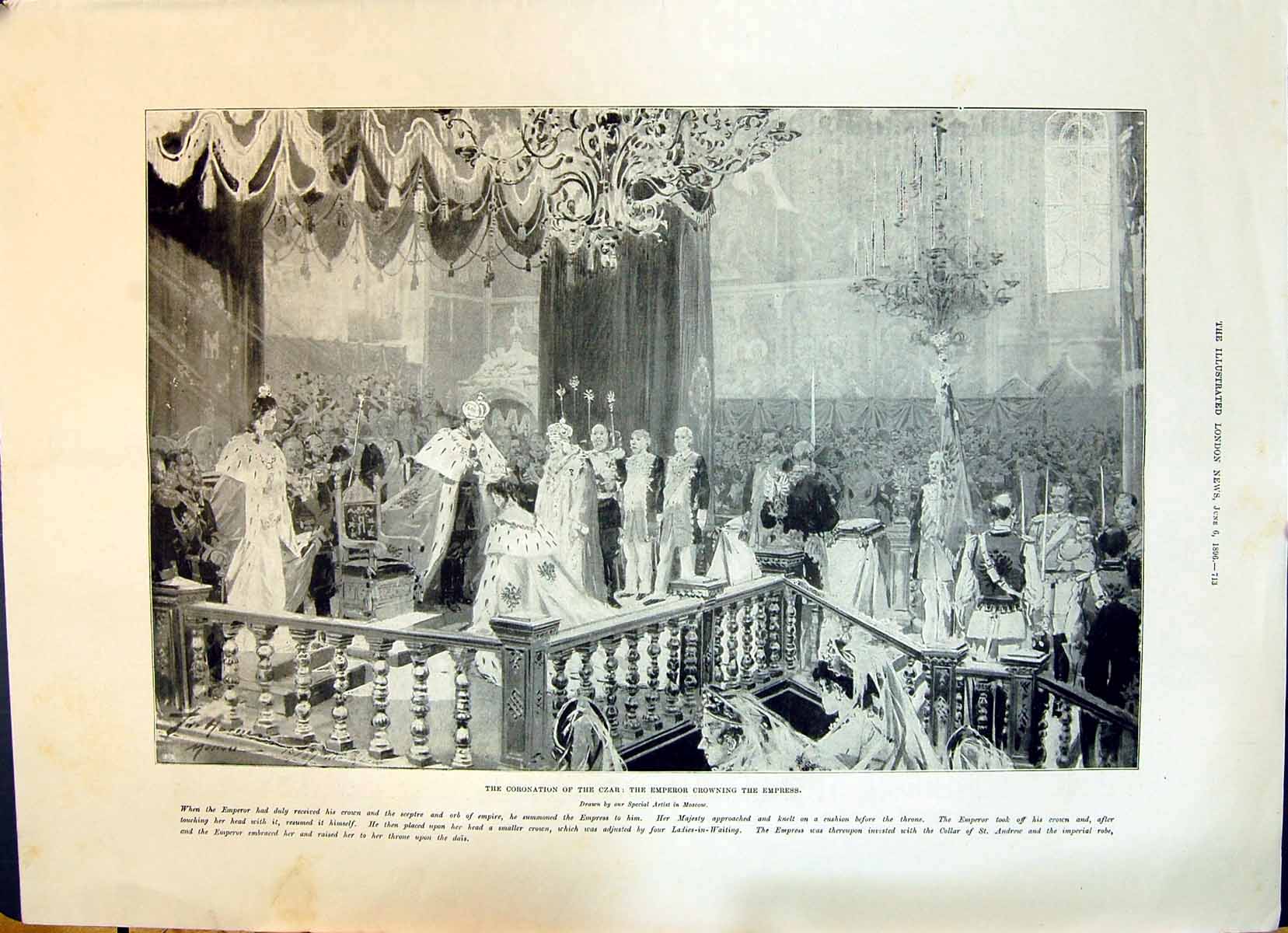 Old Print 1896 Coronation Czar Emperor Crowning Empress Reyns Heger Falb 19th