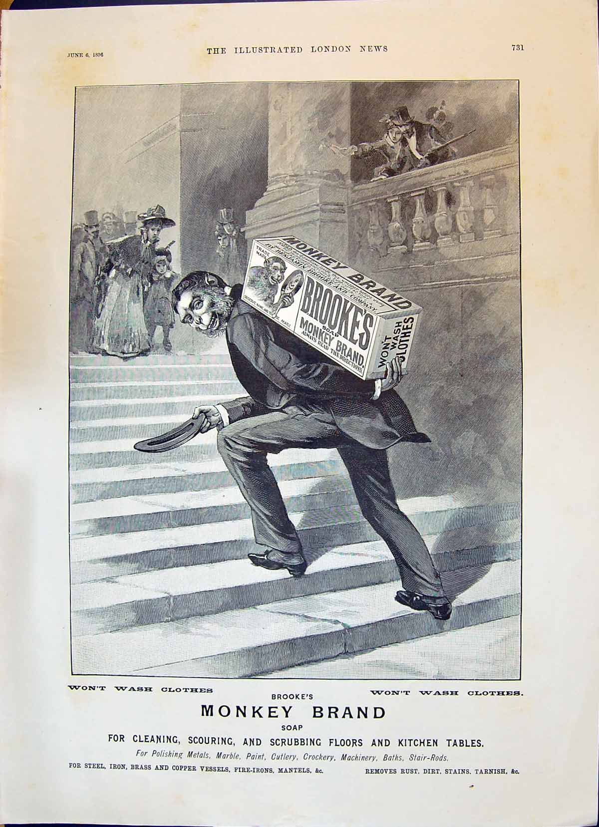 Original Old Antique Print 1896 Advertisement Brooke'S Monkey Brand Soap 19th