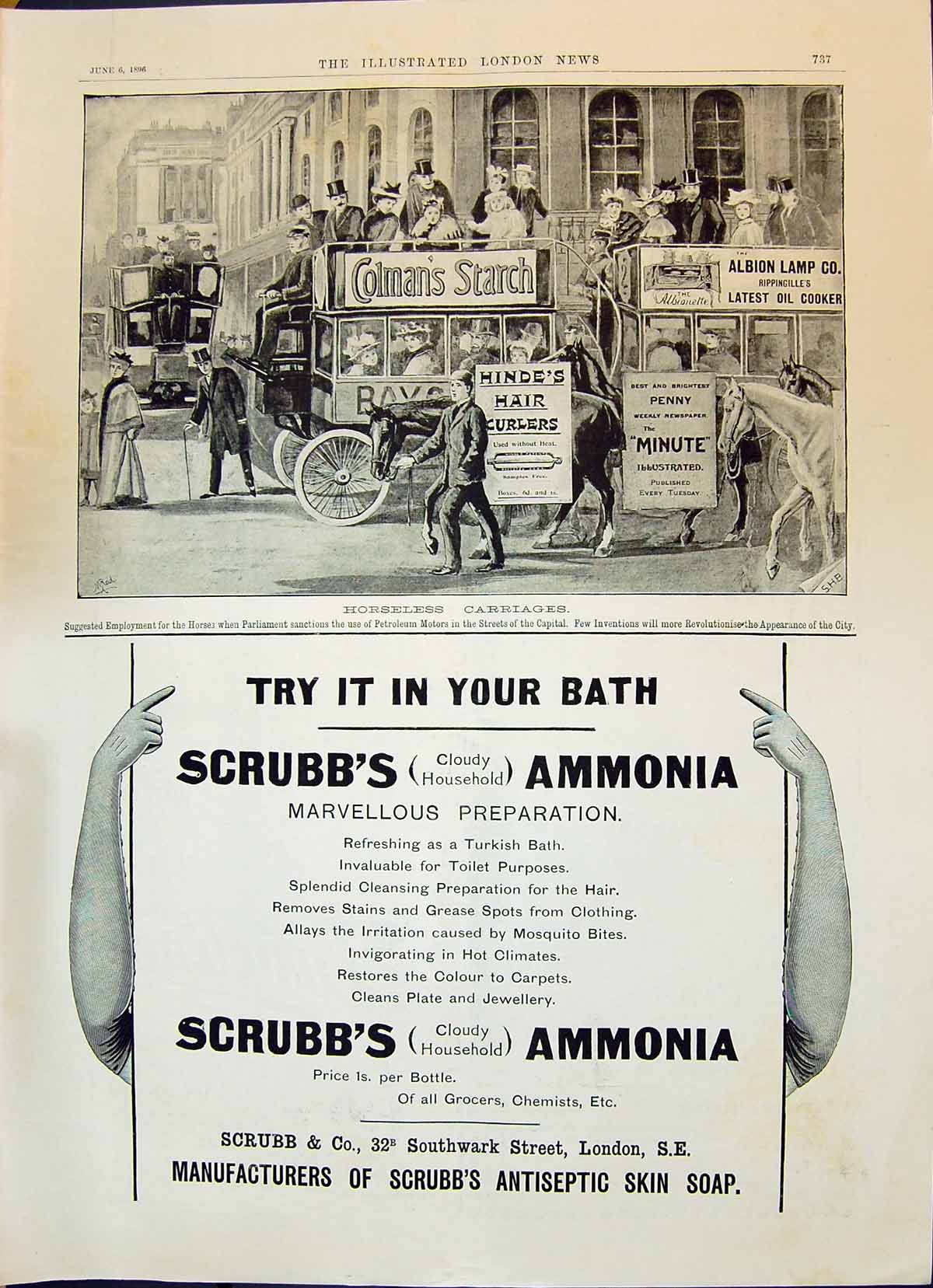Old Print 1896 Scrubb'S Ammonia Horseless Carriages Colman'S Albion Lamp 19th