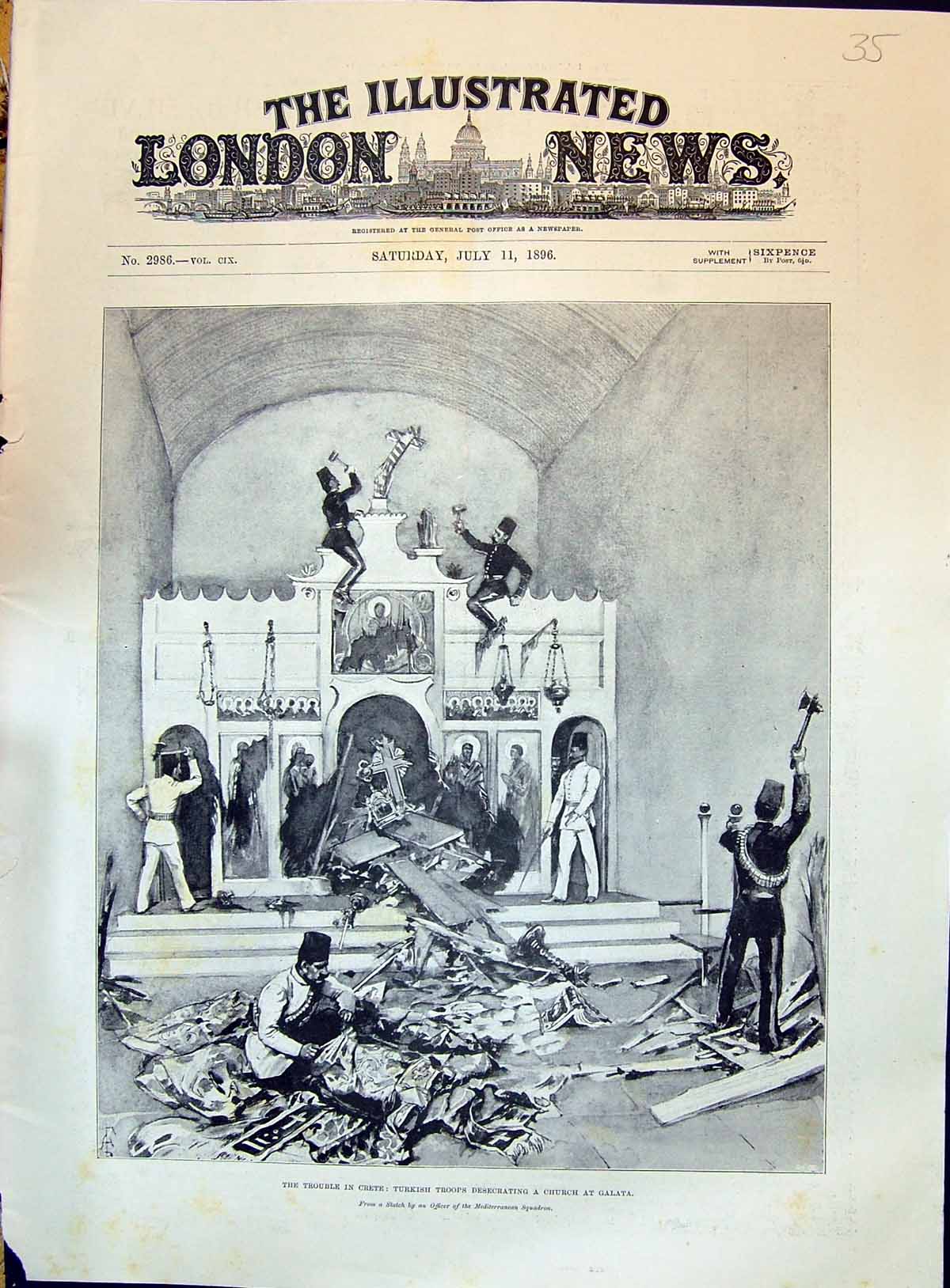 Old Print 1896 Trouble Crete Turkish Troops Desecrating Church Galata Si 19th