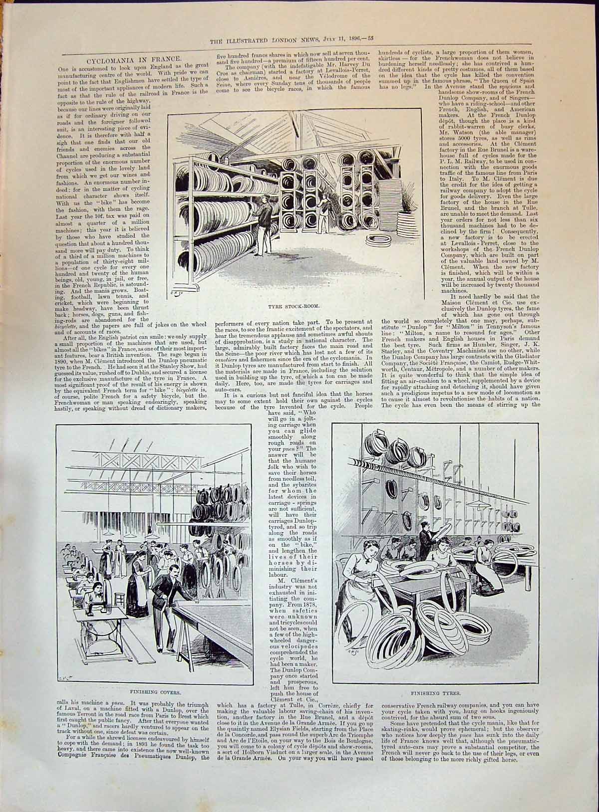 Original Old Antique Print 1896 Tyre Manufacture Stock-Room Finishing Covers