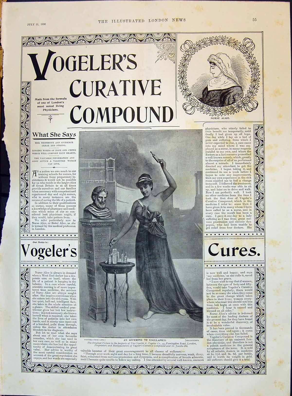 Old 1896 Advertisement Charles Vogeler'S Curative Compound Nurse Alic Victorian