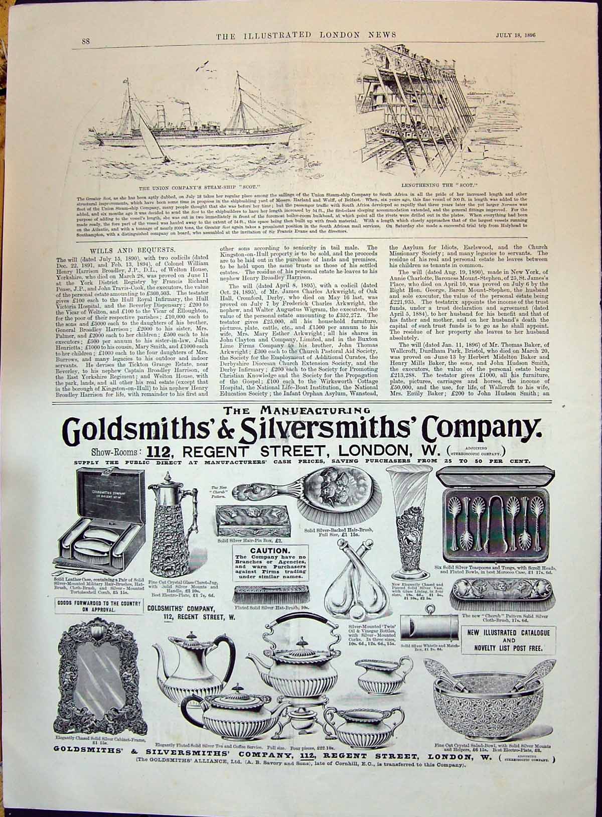 Antique Print 1896 Union Company Steam Ship Scot Gsmith Silversmith Company