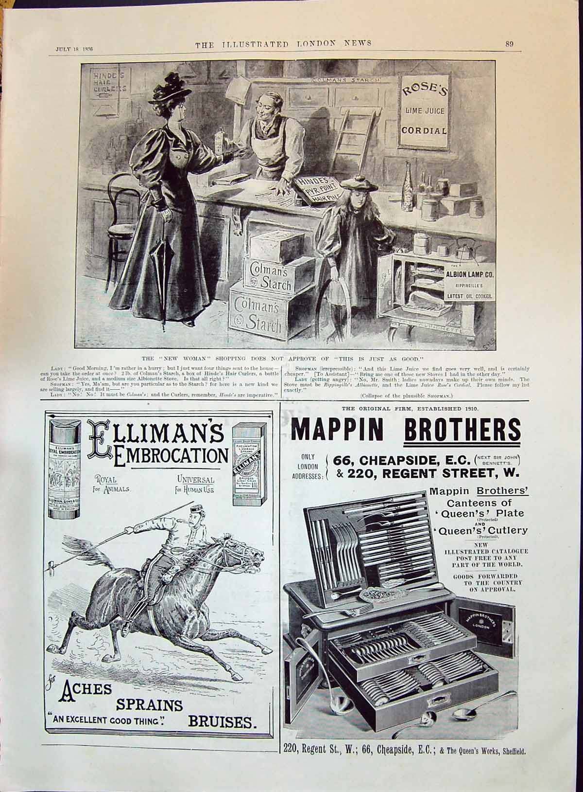 Antique Print 1896 Ellimans Mappin Brothers Colmans Starch Shopping Roses'S