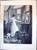 Old Print 1896 Lady Peeping House Window Siers Staute Robert Burns Irvin 19th