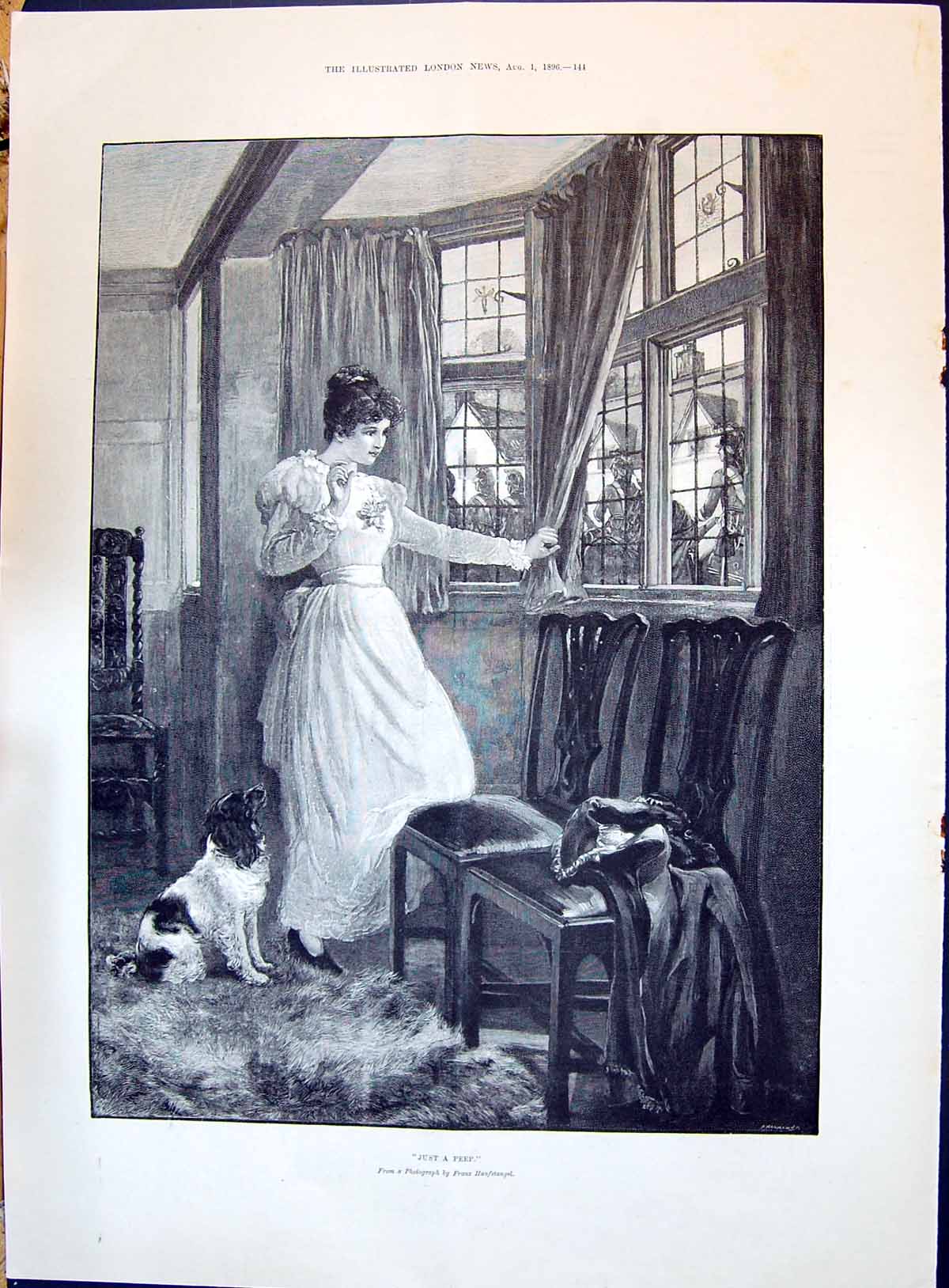Old Print 1896 Lady Peeping House Window Siers Staute Robert Burns Irvin 19th