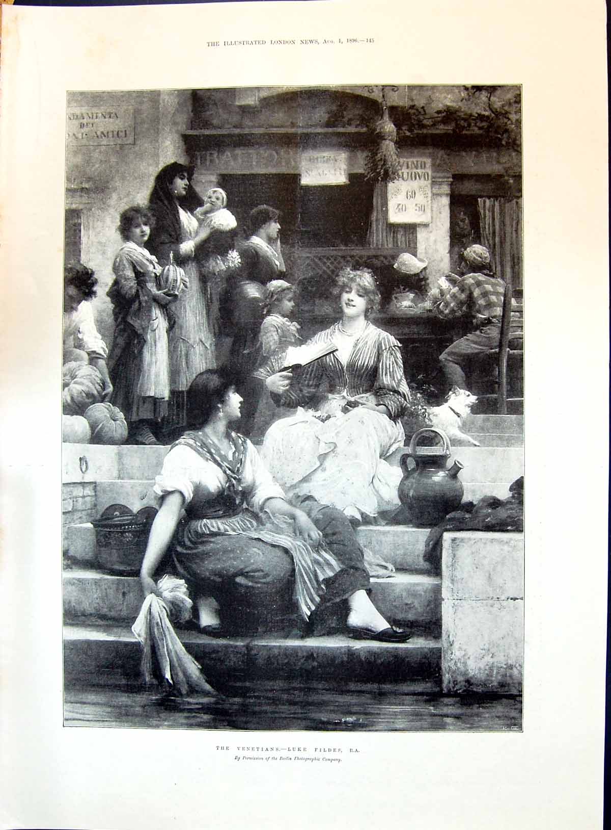 Antique Old Print 1896 Venetians Beautiful Ladies Washing Italy Luke Fildes