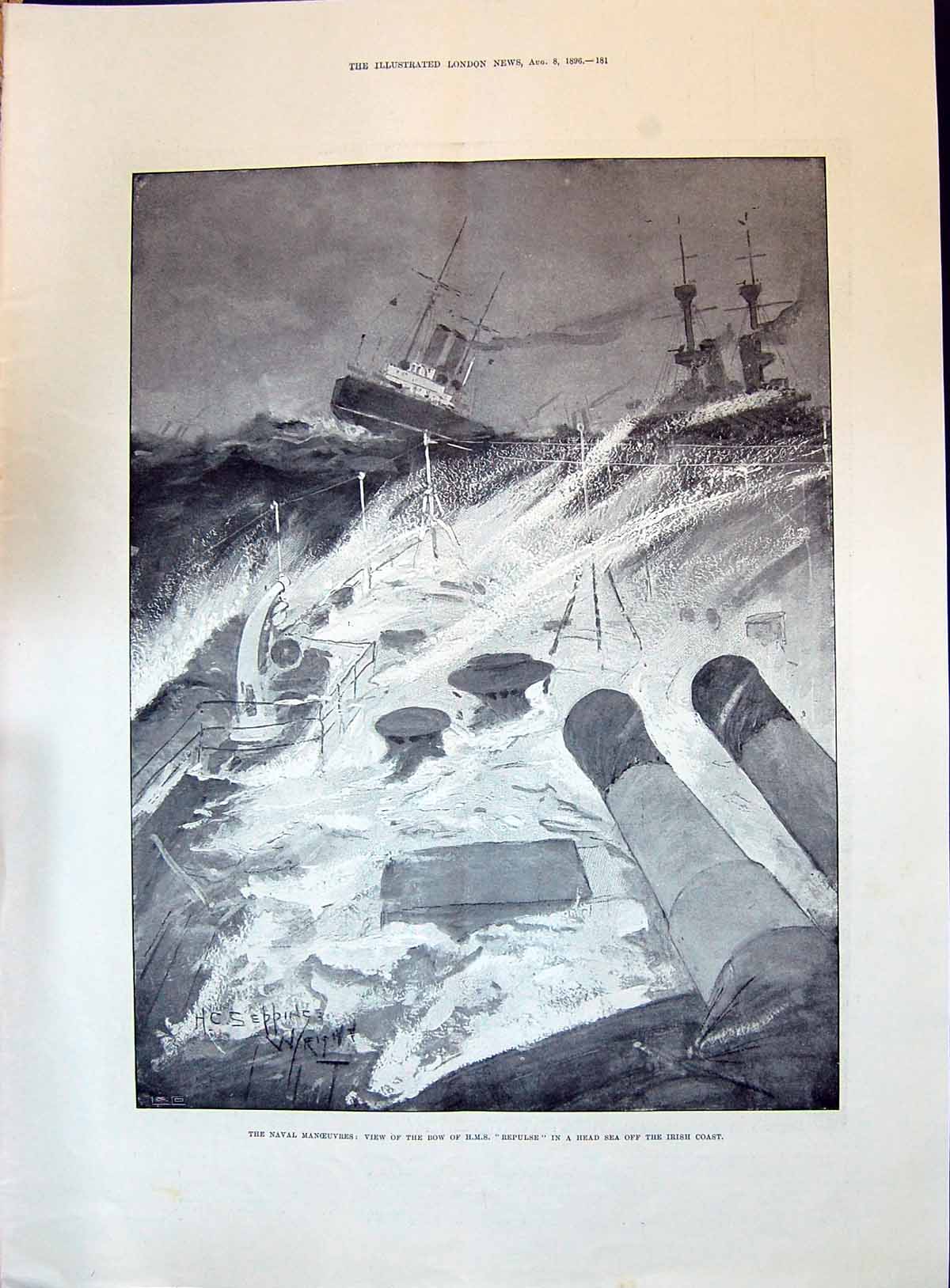 Old 1896 Naval Manoeuvres View Bow H.M.S. Repulse Ships Ireland Coast Victorian