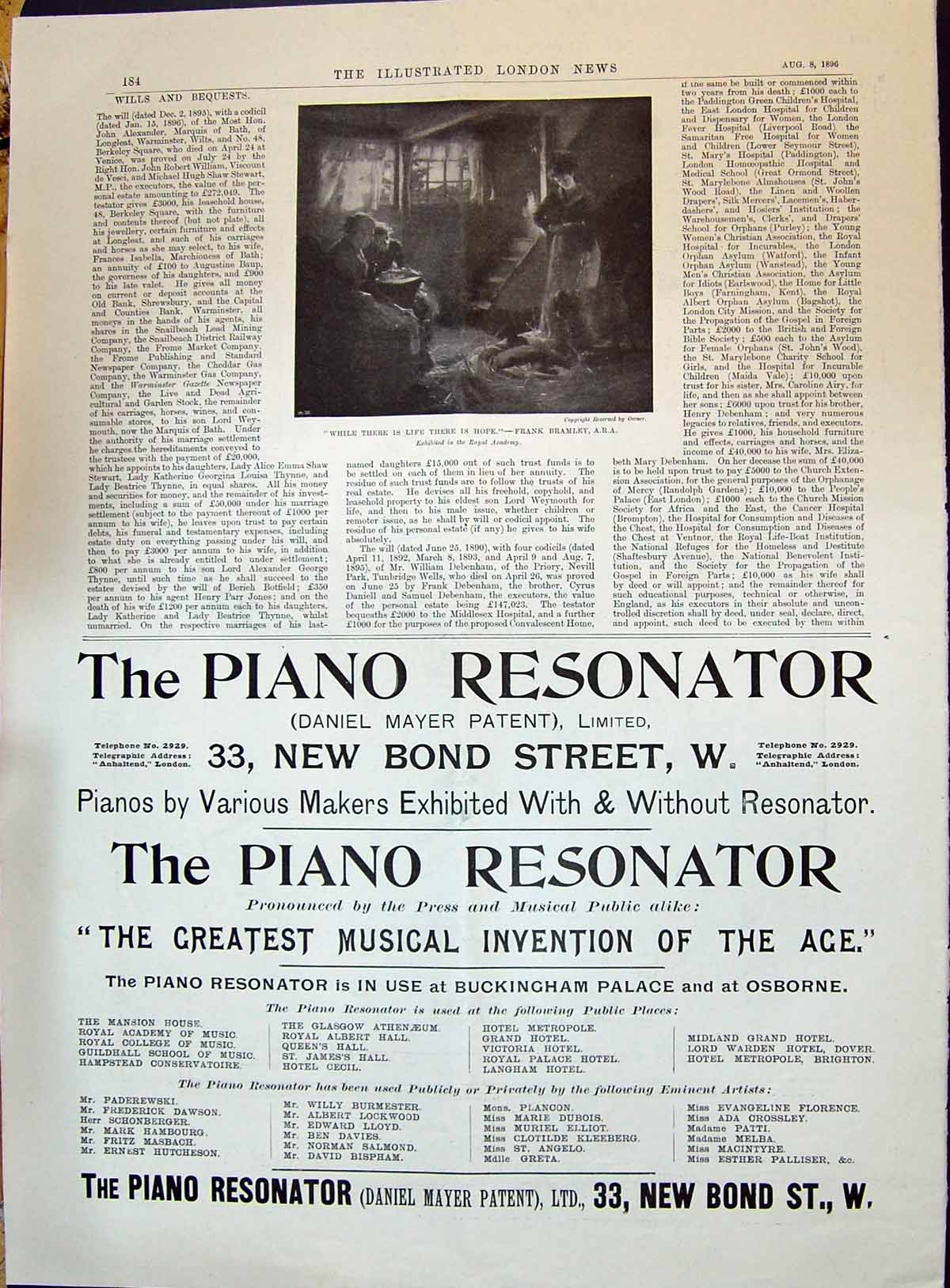Antique Old Print 1896 Piano Resonator Daniel Mayer Patens Bond Street London