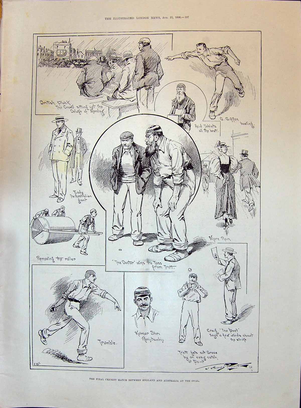 Old Print 1896 Cricket England Australia Oval Sport Giffen Shri Tennyson Hervey