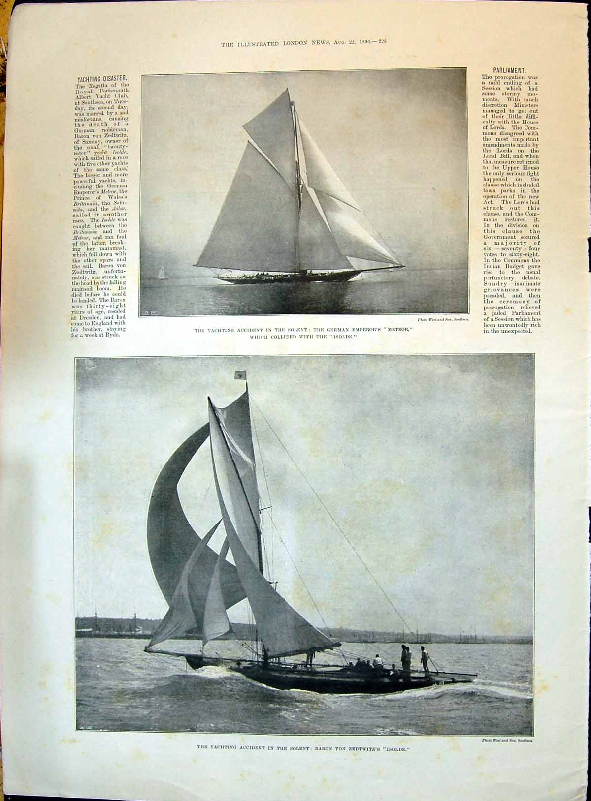 Old Print 1896 Yachts Accident Solent German Meteor Zedtwitz Ise Map Arc 19th