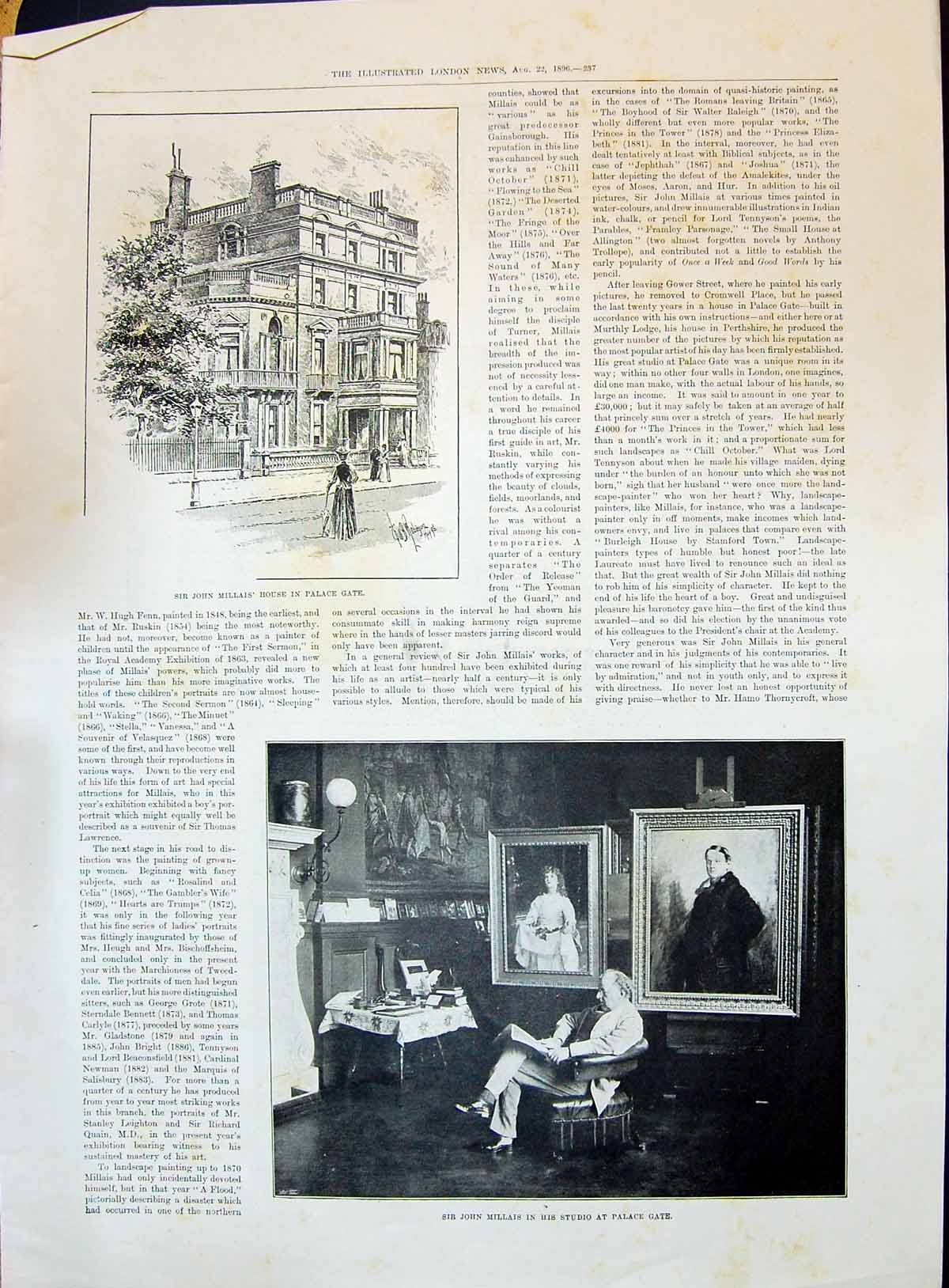 Old 1896 John Millais House Study Palace Gate Bright Fishing Boat Spo Victorian