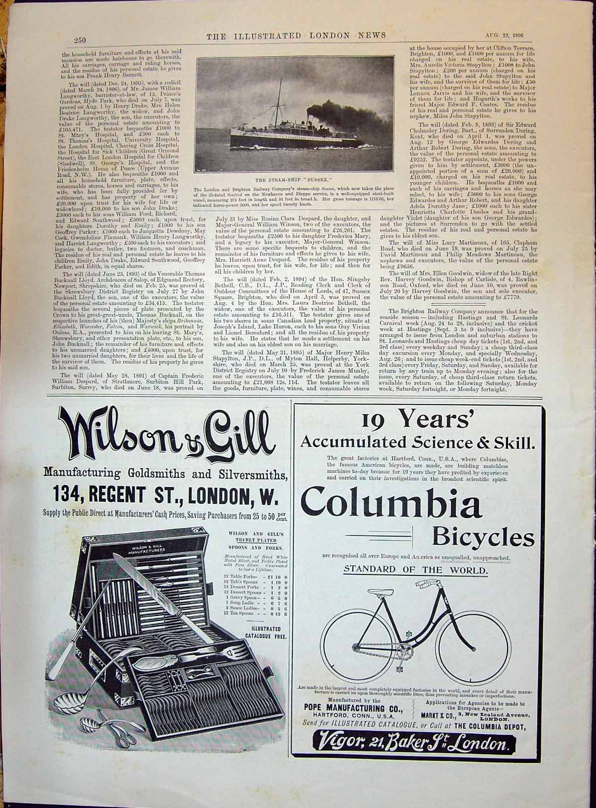 Old 1896 Steam Ship Sussex Wilson Gill Columbia Bicycles Vigor Baker Victorian