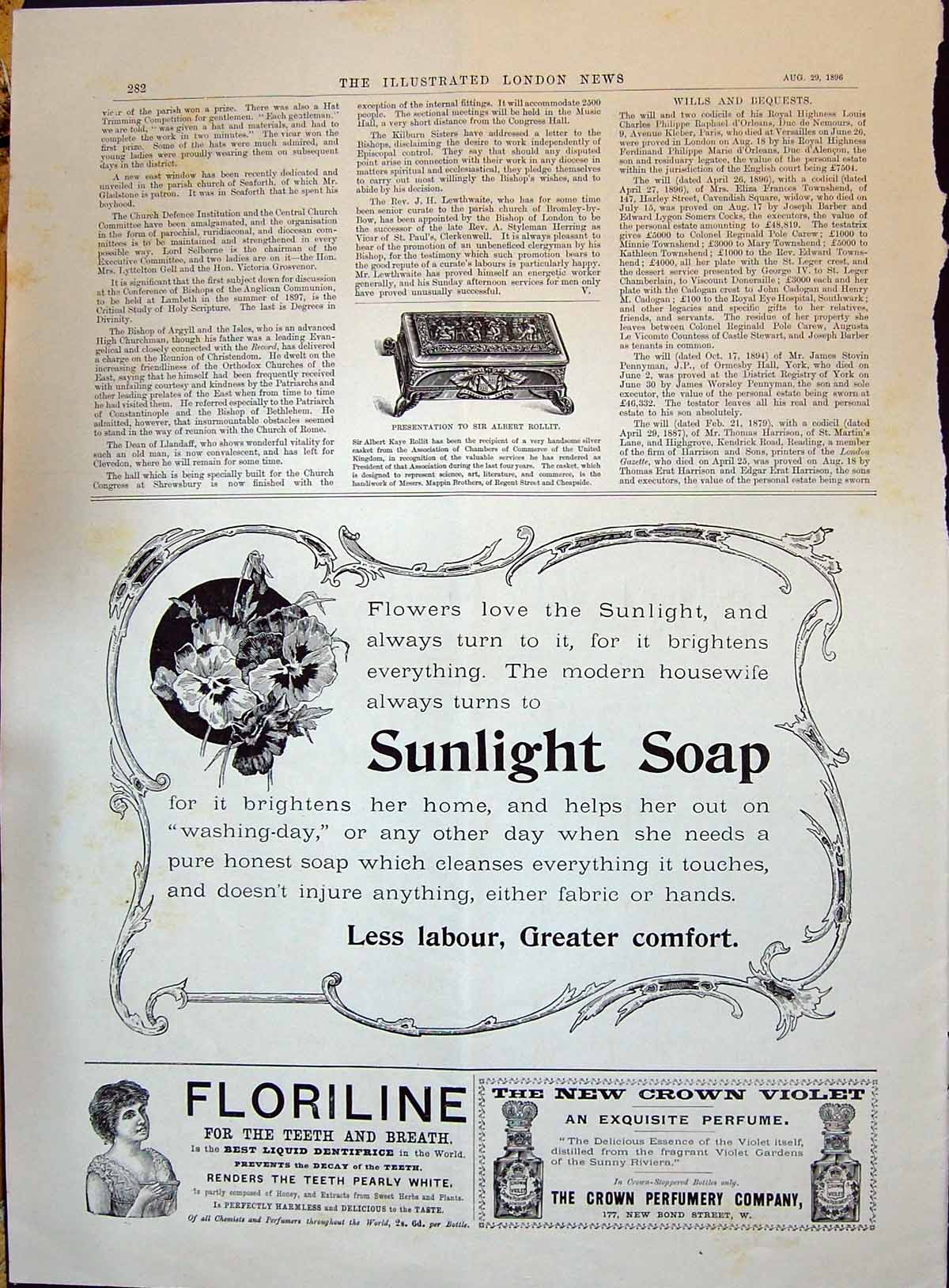 Antique Print 1896 Albert Kaye Rollit Silver Casket Sunlight Soap Floriline