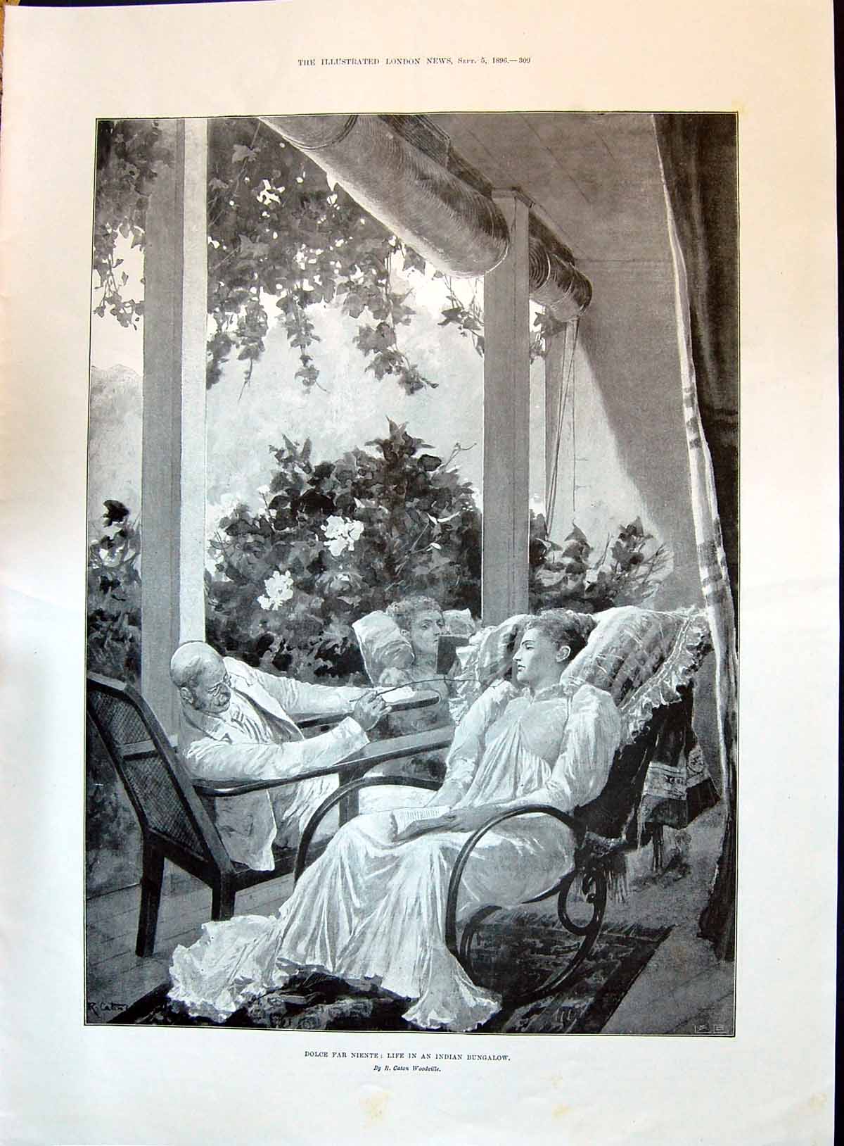 Old Print 1896 Dolce Far Niente Life Indian Bungalow Family Scene Chairs 19th
