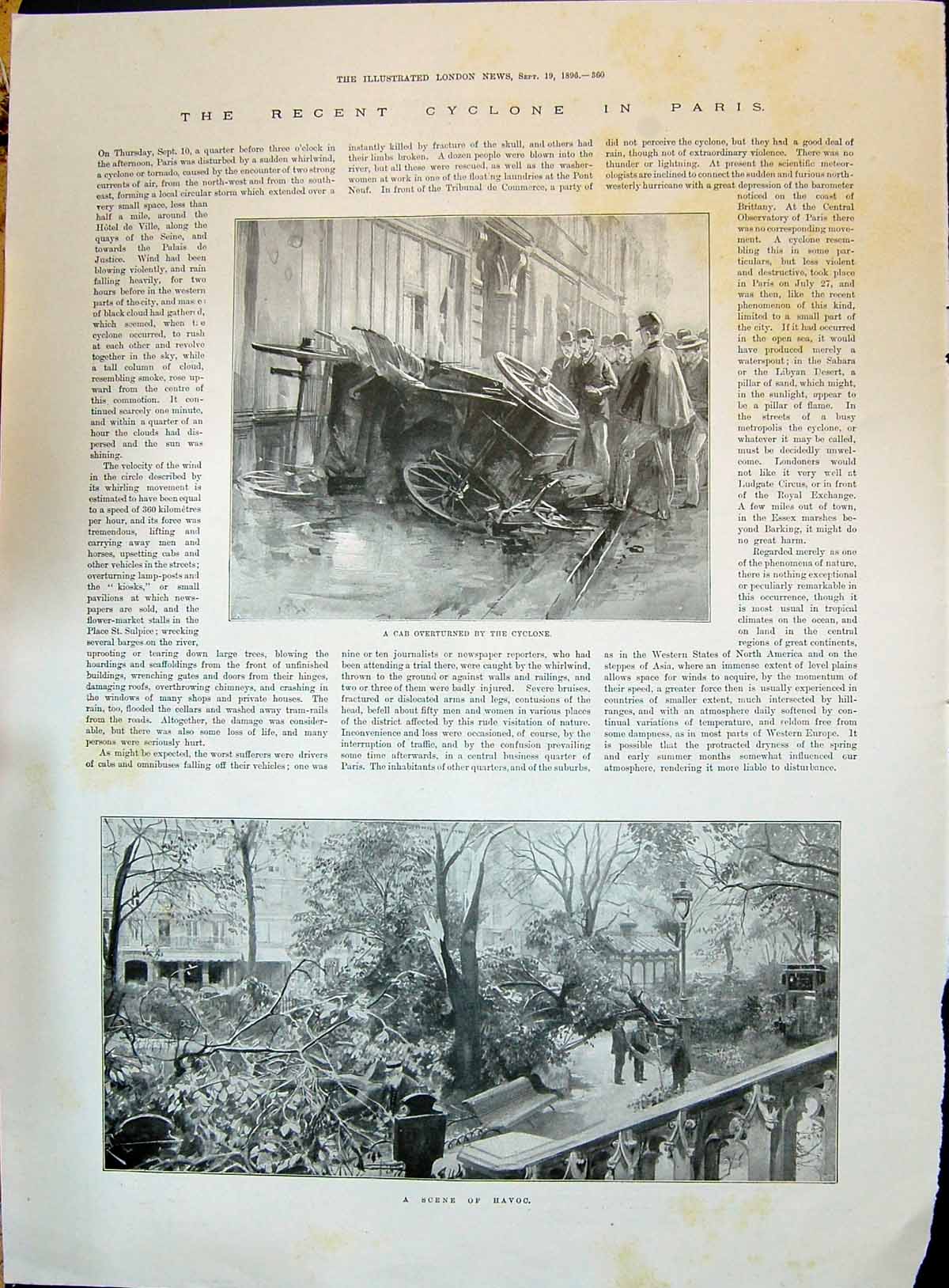 Old Antique Print 1896 Cyclone Paris France Car Overturned Stormy Weather 19th