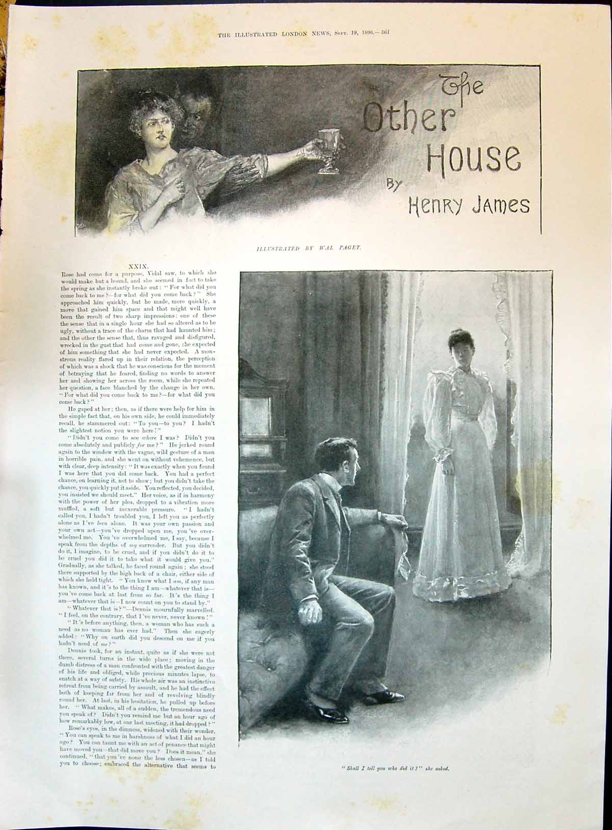 Antique Old Print 1896 Story Illustration Other House Henry James Man Lady 19th