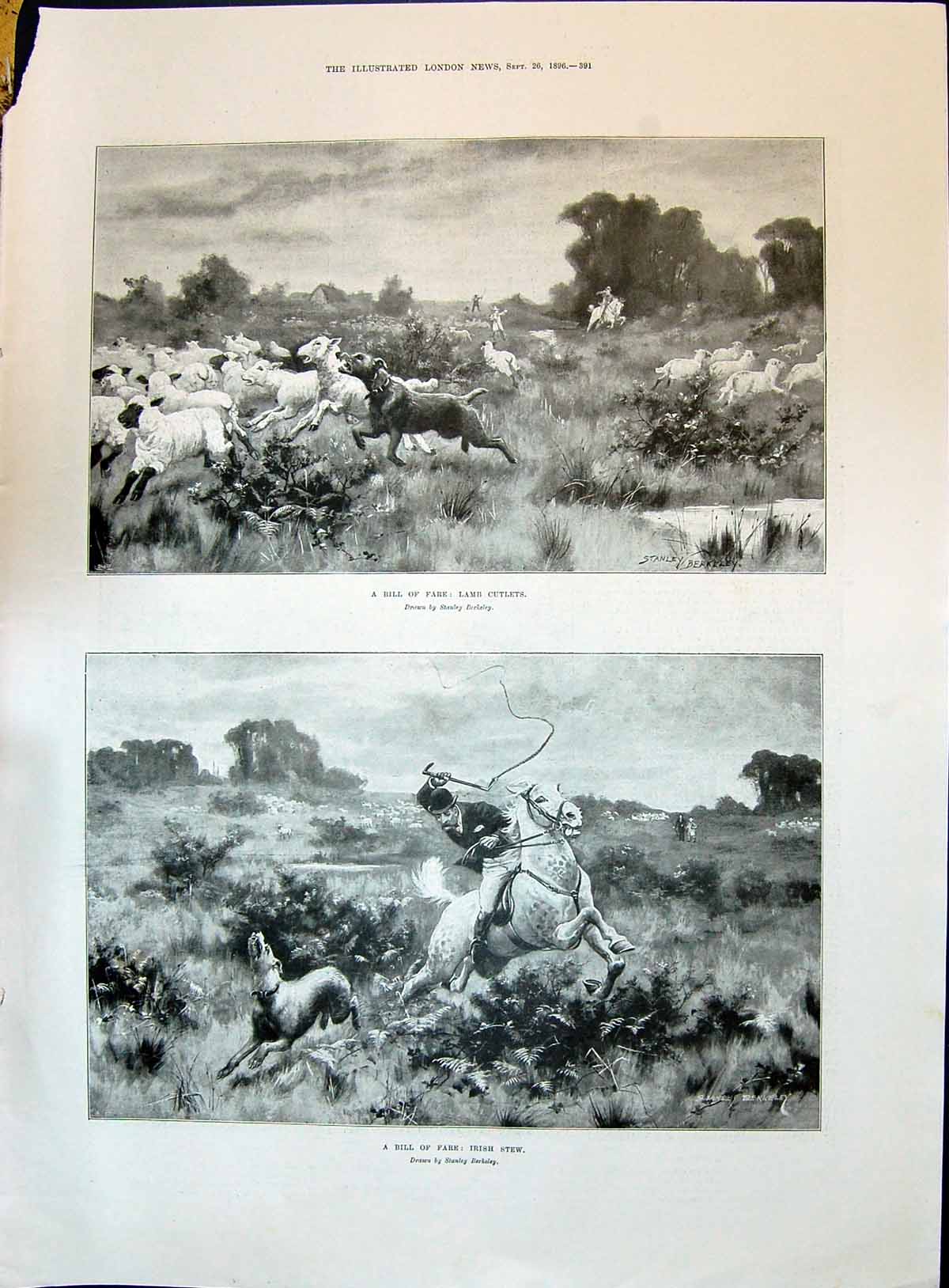Old 1896 Lamb Cutlet Irish Stew Berkeley Hunting Sheep Dogs Gun-Boat Victorian