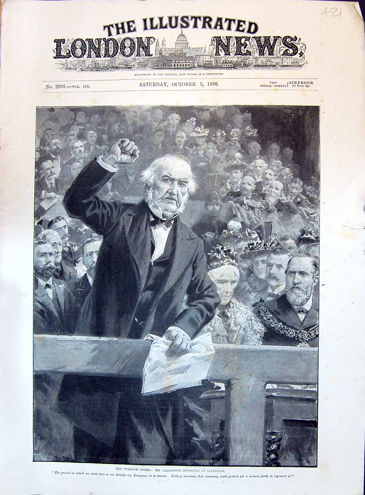 Original Old Antique Print 1896 Turkish Crisis Mr Gladstone Speaking Liverpool