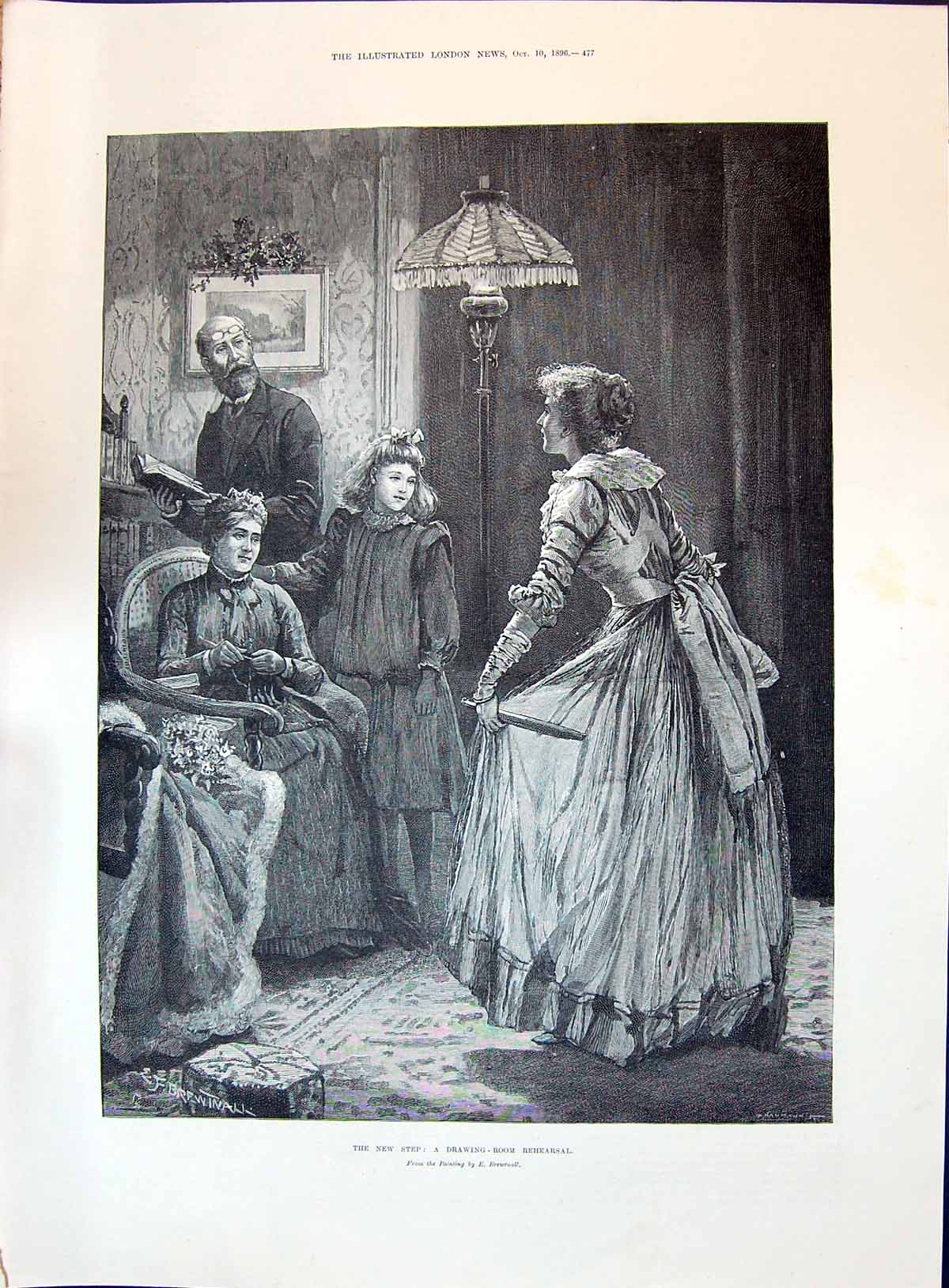 Original Old Antique Print 1896 Drawing Room Rehearsal Family Young Woman 19th