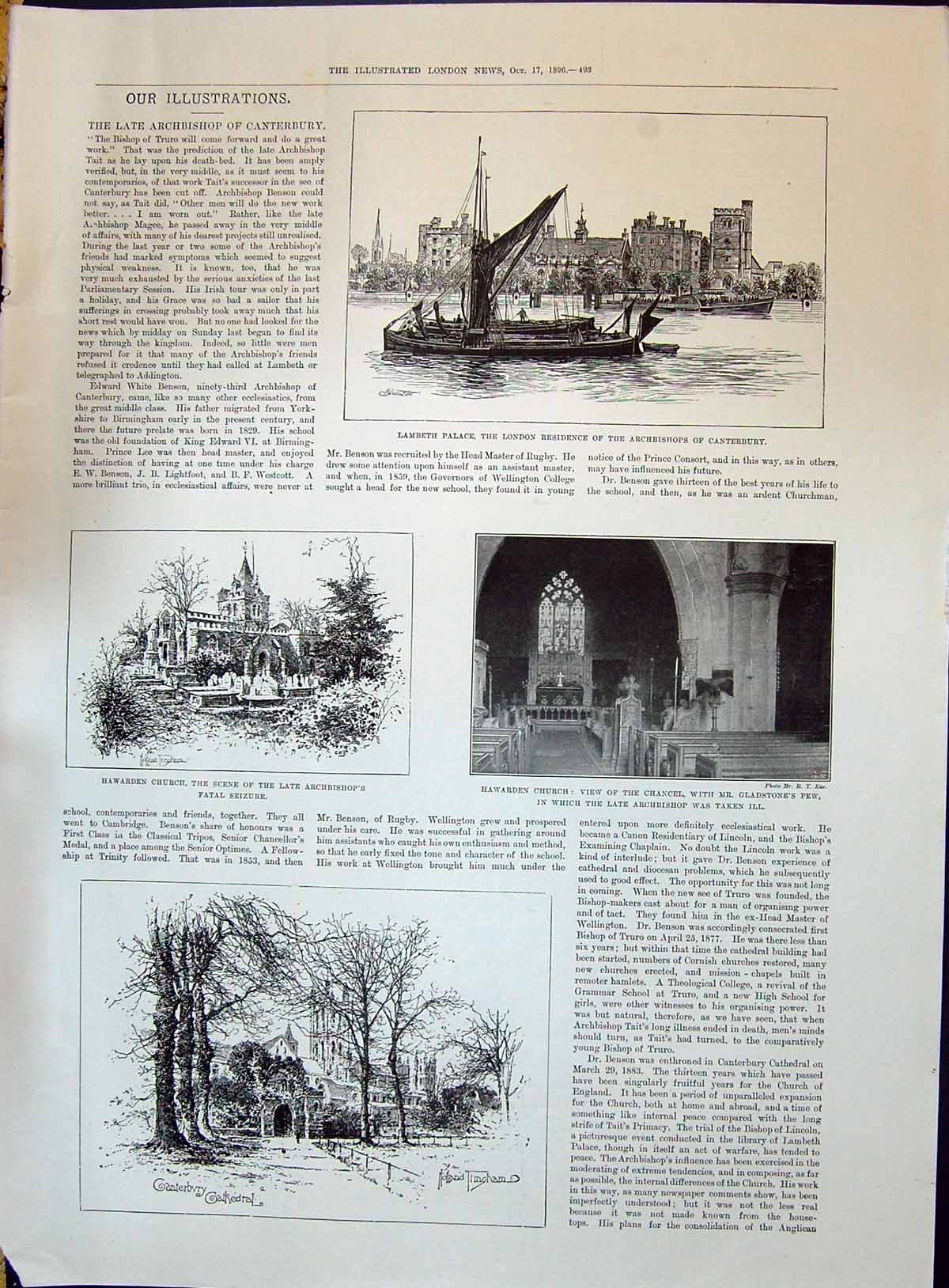 Old 1896 Lambeth Palace Archbishop Canterbury Hawarden Church Gladsto Victorian