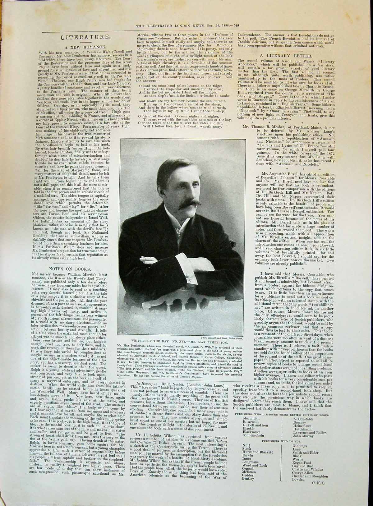 Antique Old Print 1896 Portrait Writers Day Mr Max Pemberton Puritan'S Wife