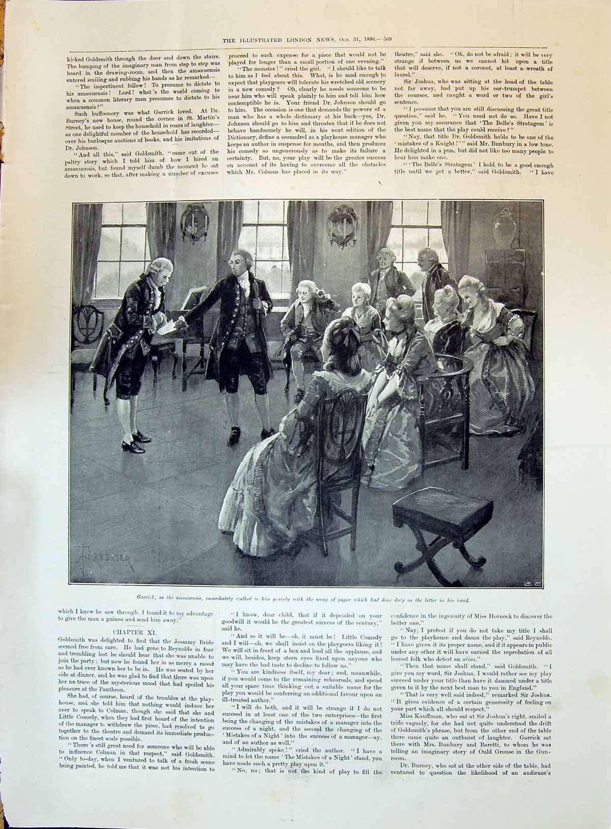 Original Old Antique Print 1896 Garrick Man Reading Story Audience Ladies Men