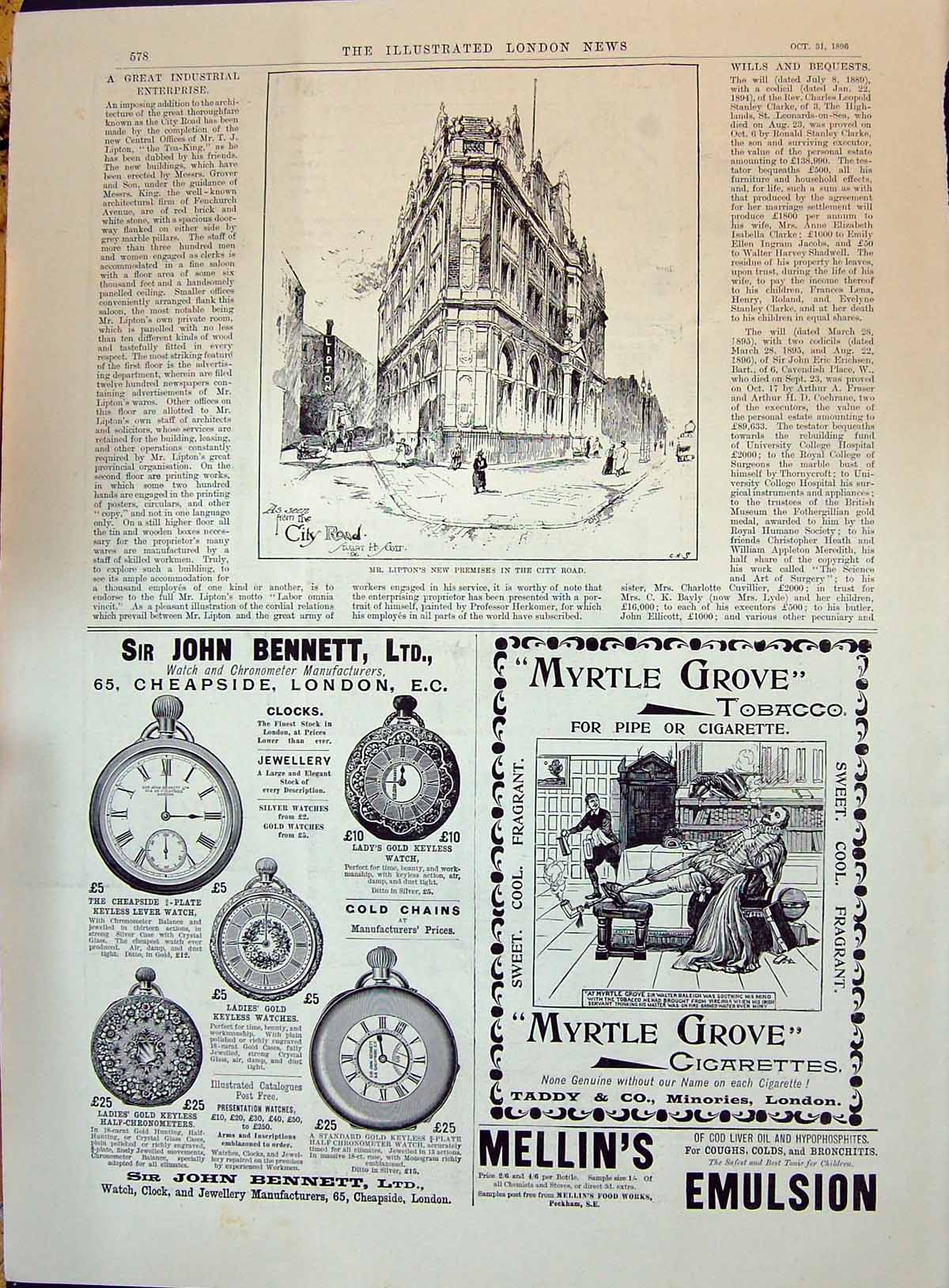 Antique Print 1896 Lipton Premises City Road London Bennett Myrtle Tobacco 19th