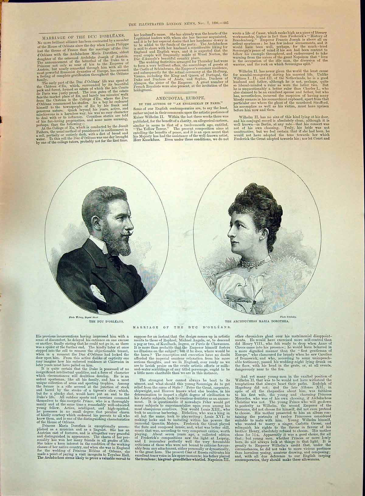 Old Print 1896 Marriage Wedding Duc D'Orleans Archduchess Maria Dorothea 19th