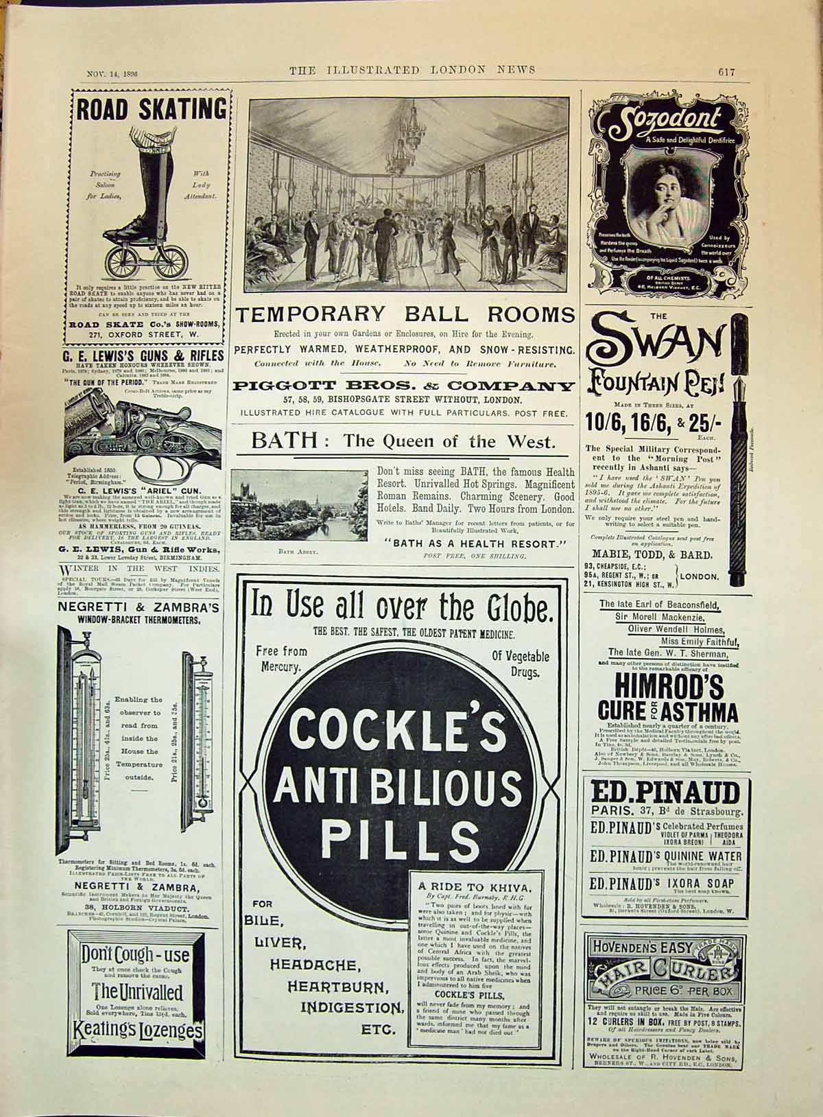 Old 1896 Piggott Ball Rooms Cockles Anti Bilious Pills Pinaud Negrett Victorian