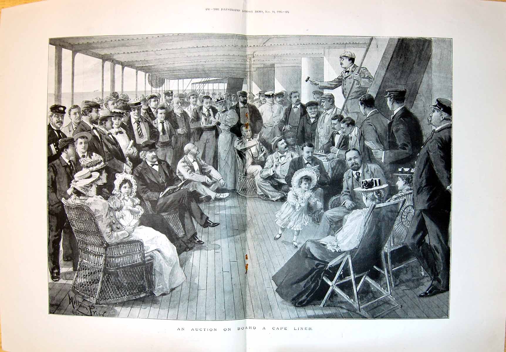Antique Old Print 1896 Auction Board Cape Liner Transport Ship Passengers 19th