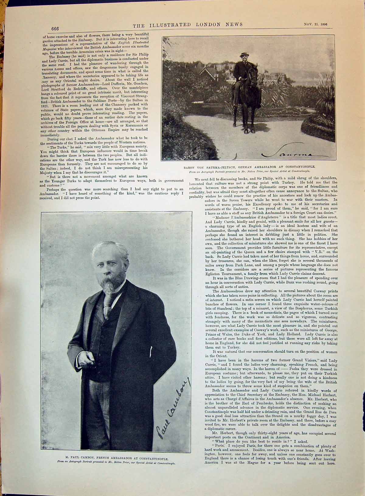 Old 1896 Baron Von Saurma-Jeltsch Constantinople Paul Cambon Calice C Victorian