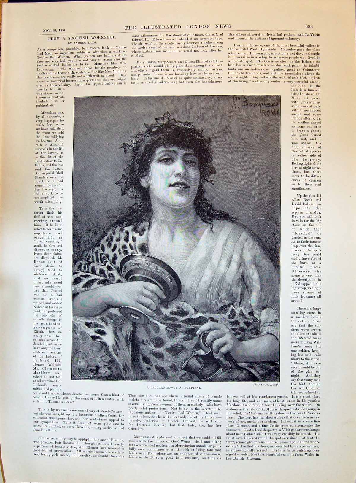Old Print 1896 Beautiful Woman Bacchante Gunther Fray Bentos Ships Boats 19th