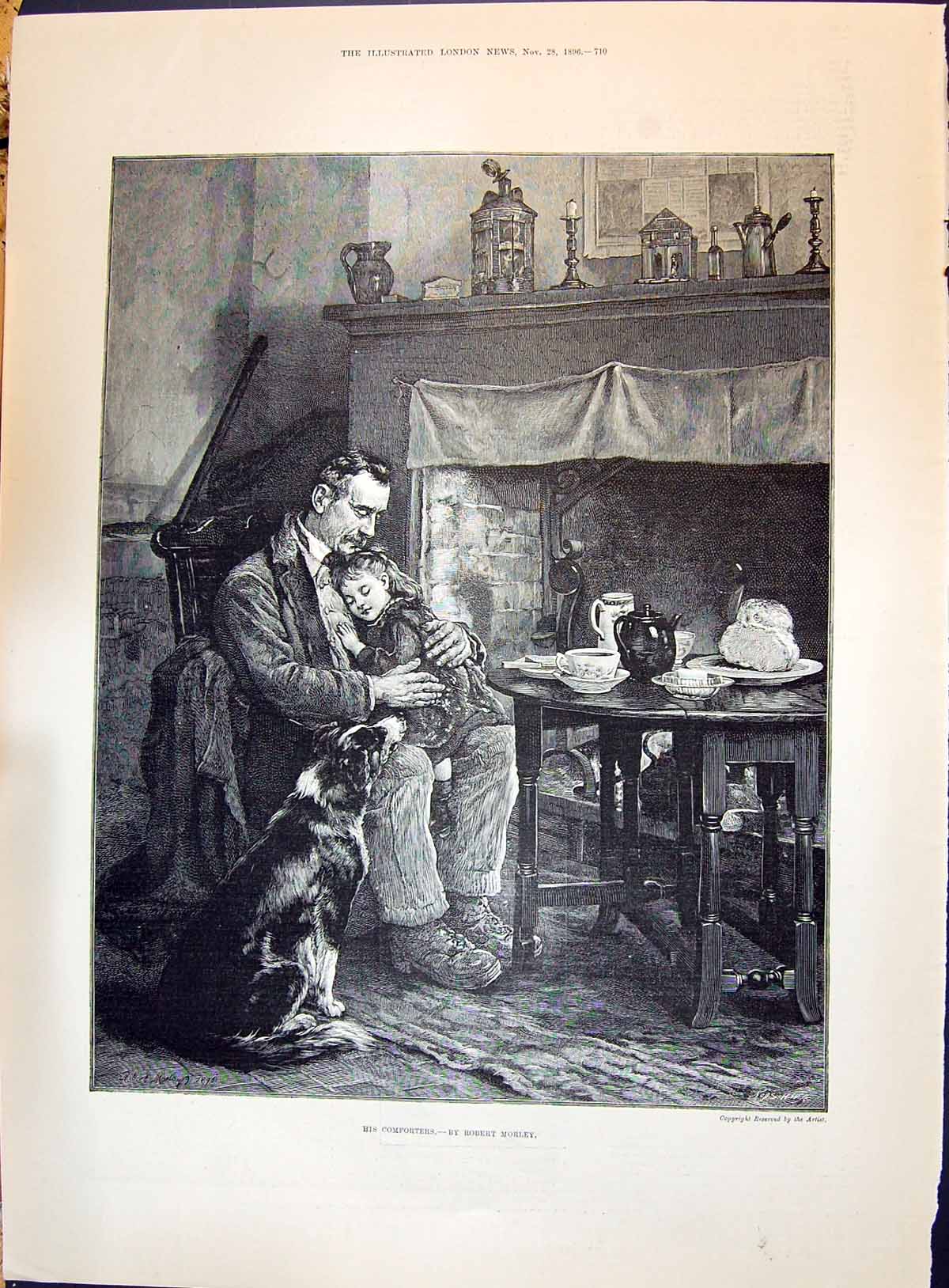Print 1896 Family Home Man Little Daughter Pet Dog Tea Table Staveley Richards