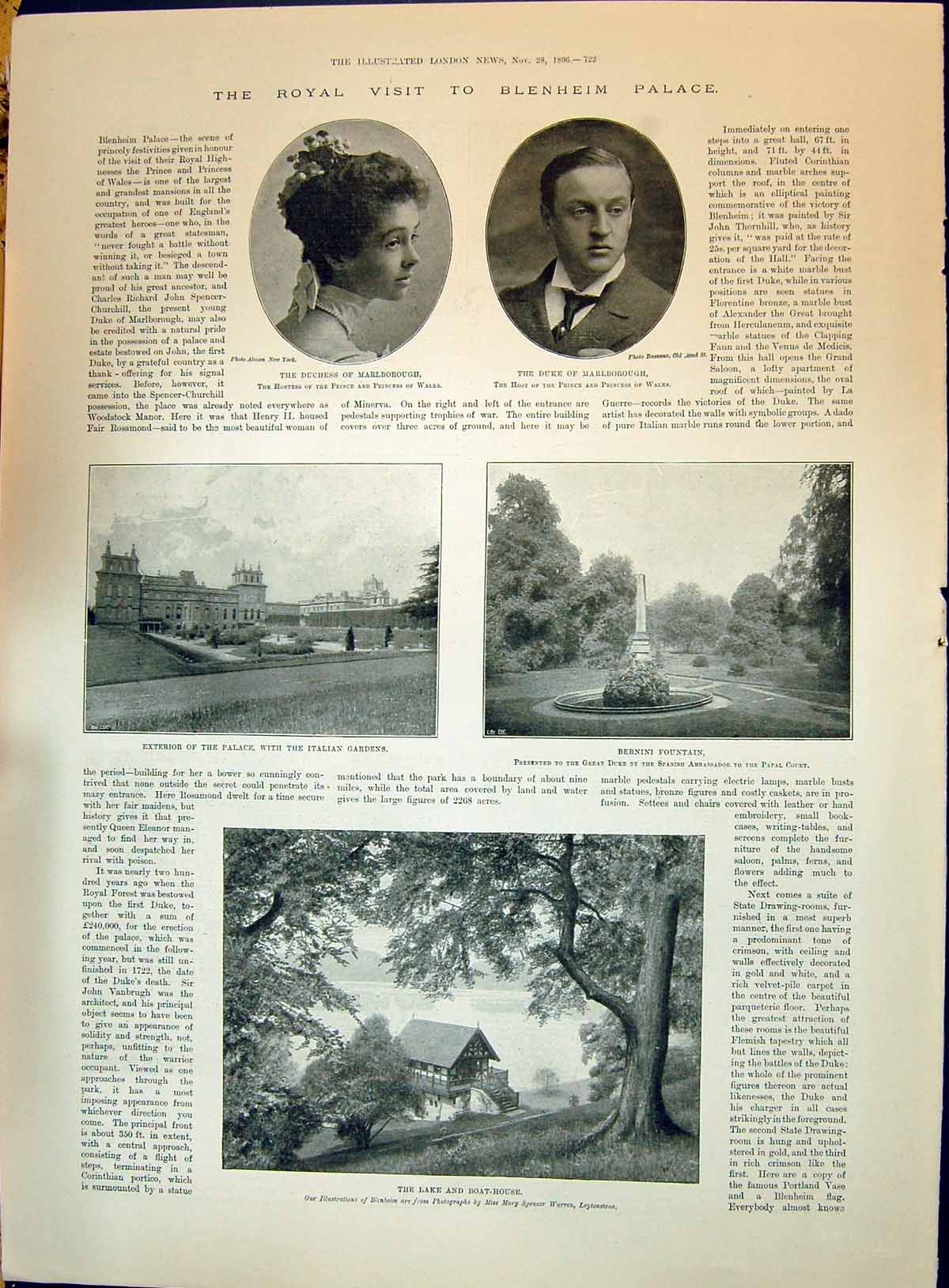 Old 1896 Duchess Marlborough Duke Blenheim Palace Bernini Fountain Boa Victorian