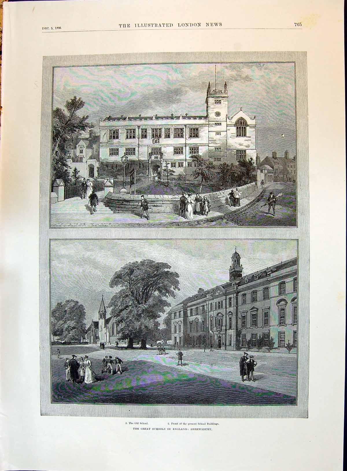 Old Antique Print 1896 School Buildings England Shrewsbury Architecture 19th