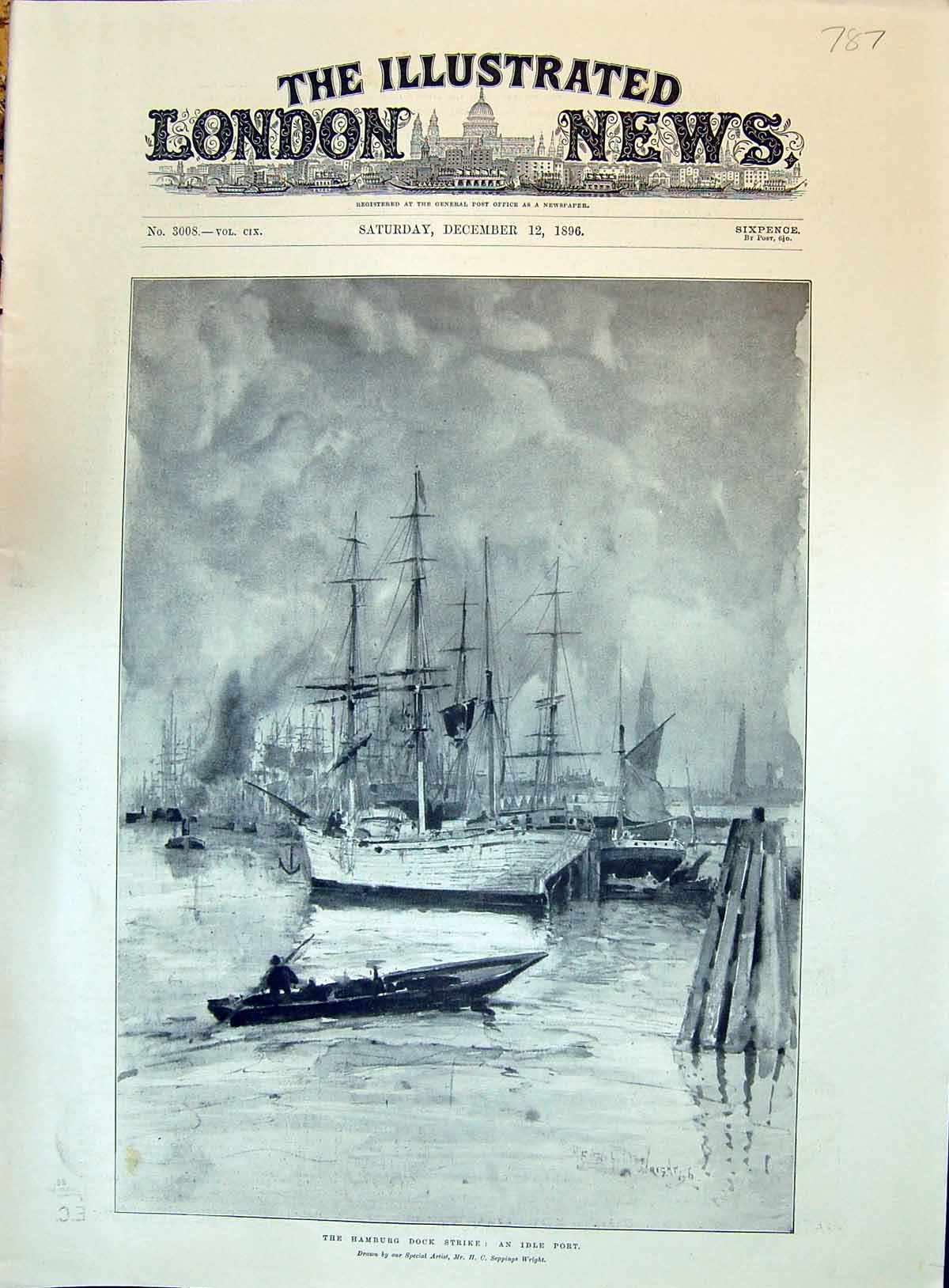 Old Print 1896 Hamburg Dock Strike Idle Port Ships Boats Seppings Wright 19th
