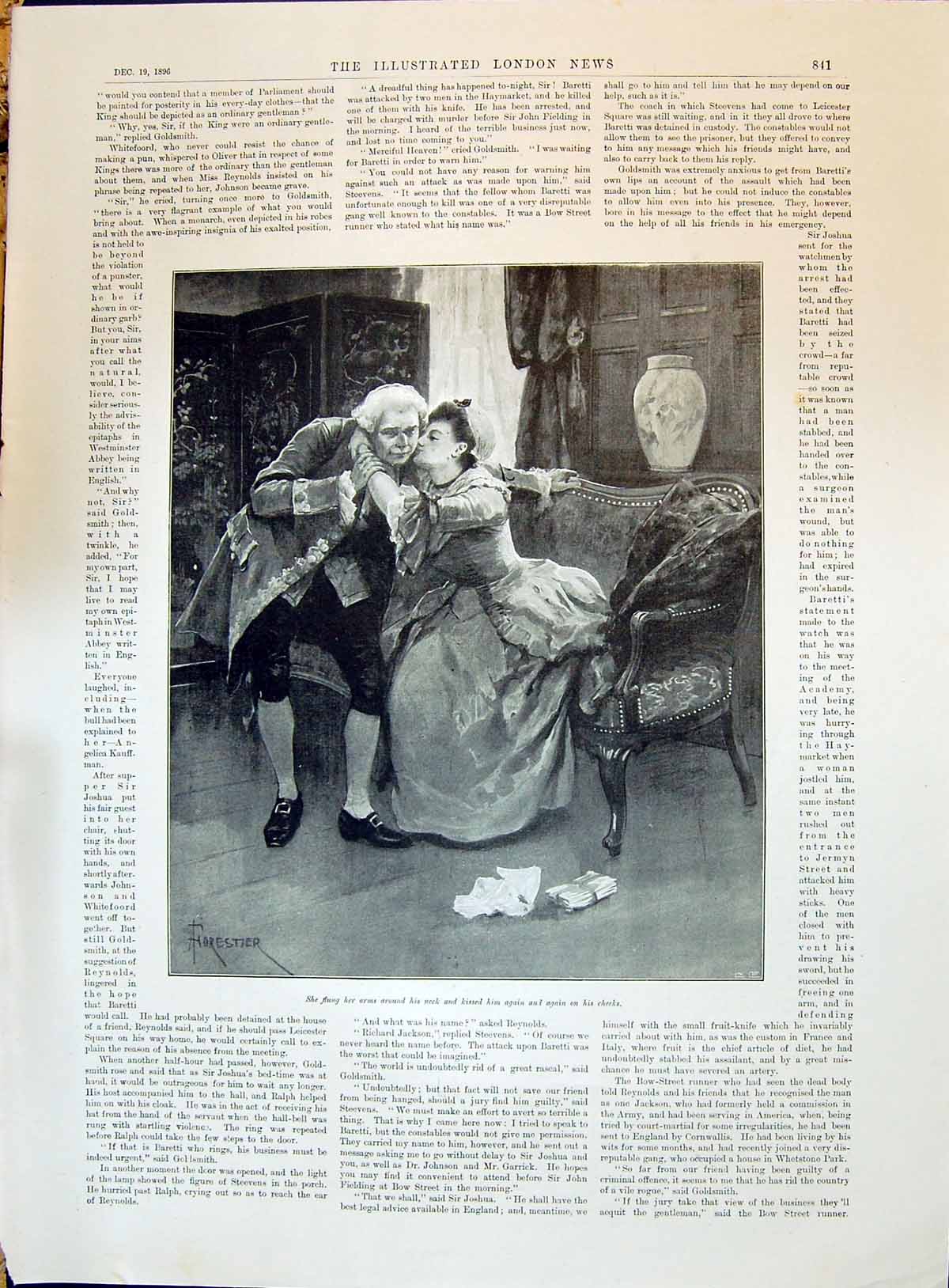 Original Old Antique Print 1896 Man Lady House Scene Romance Kissing Chair 19th
