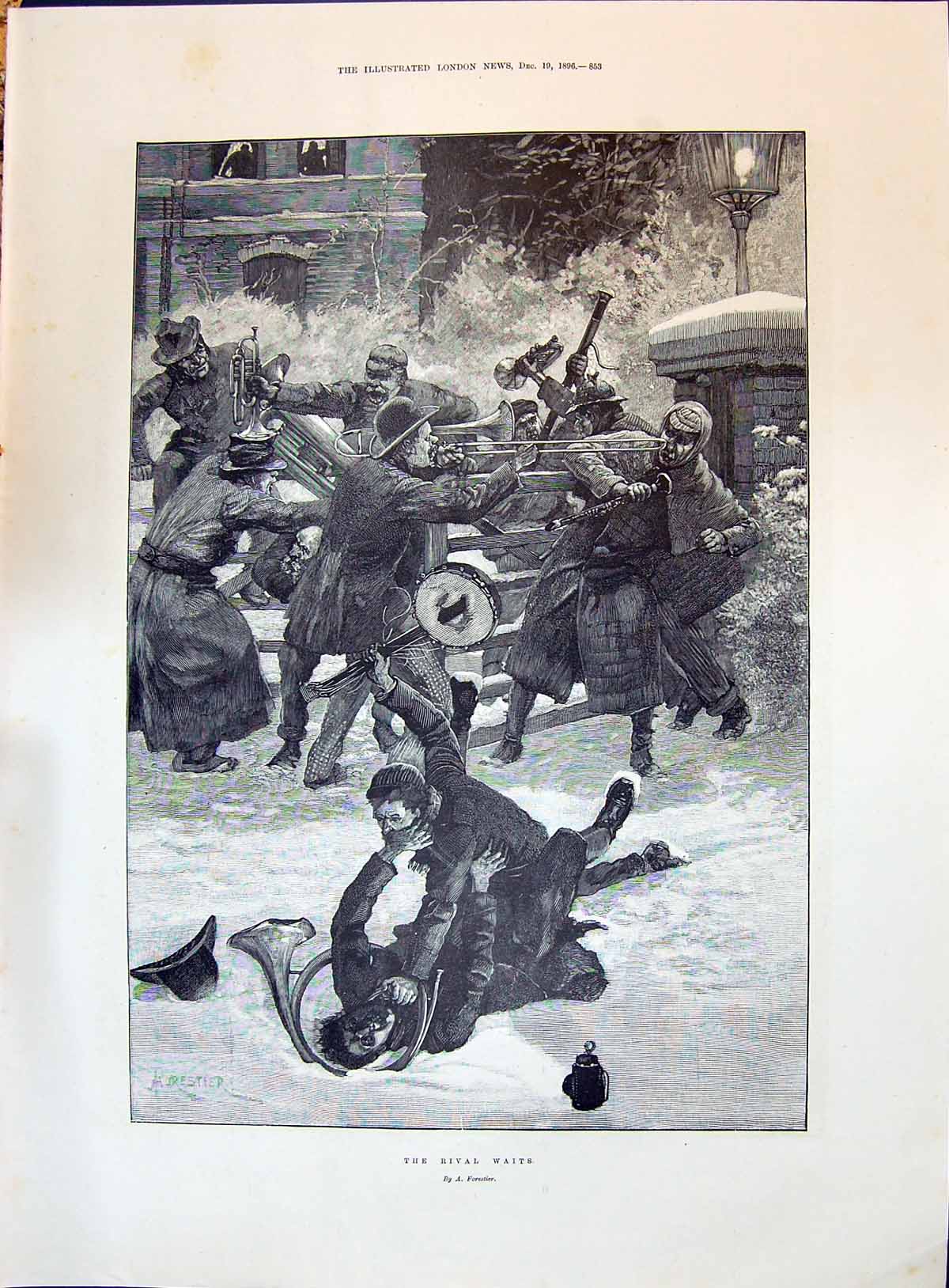 Old 1896 Rival Waits Music Men Fighitng Snow Scene Winter Walk Lady U Victorian