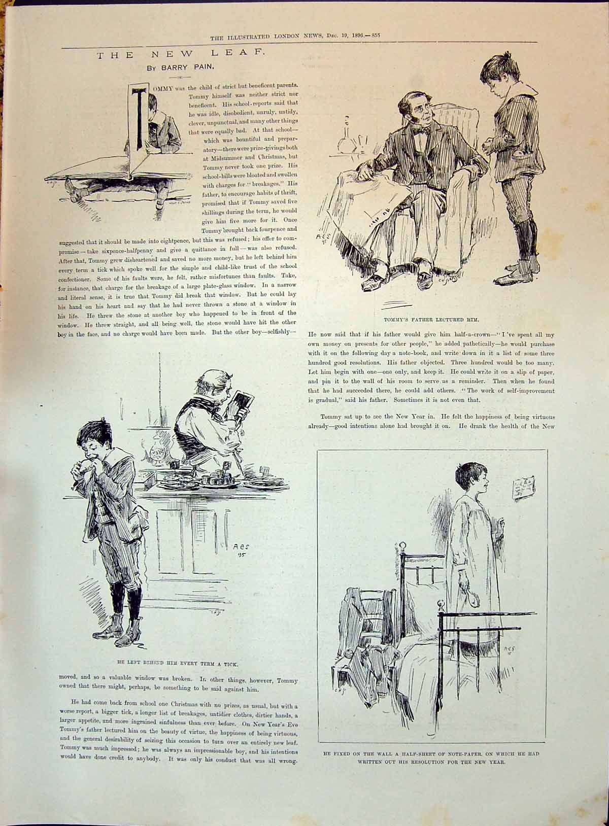 Antique Old Print 1896 Tommy Father Teacher School Bed Reading Books Pet Dog