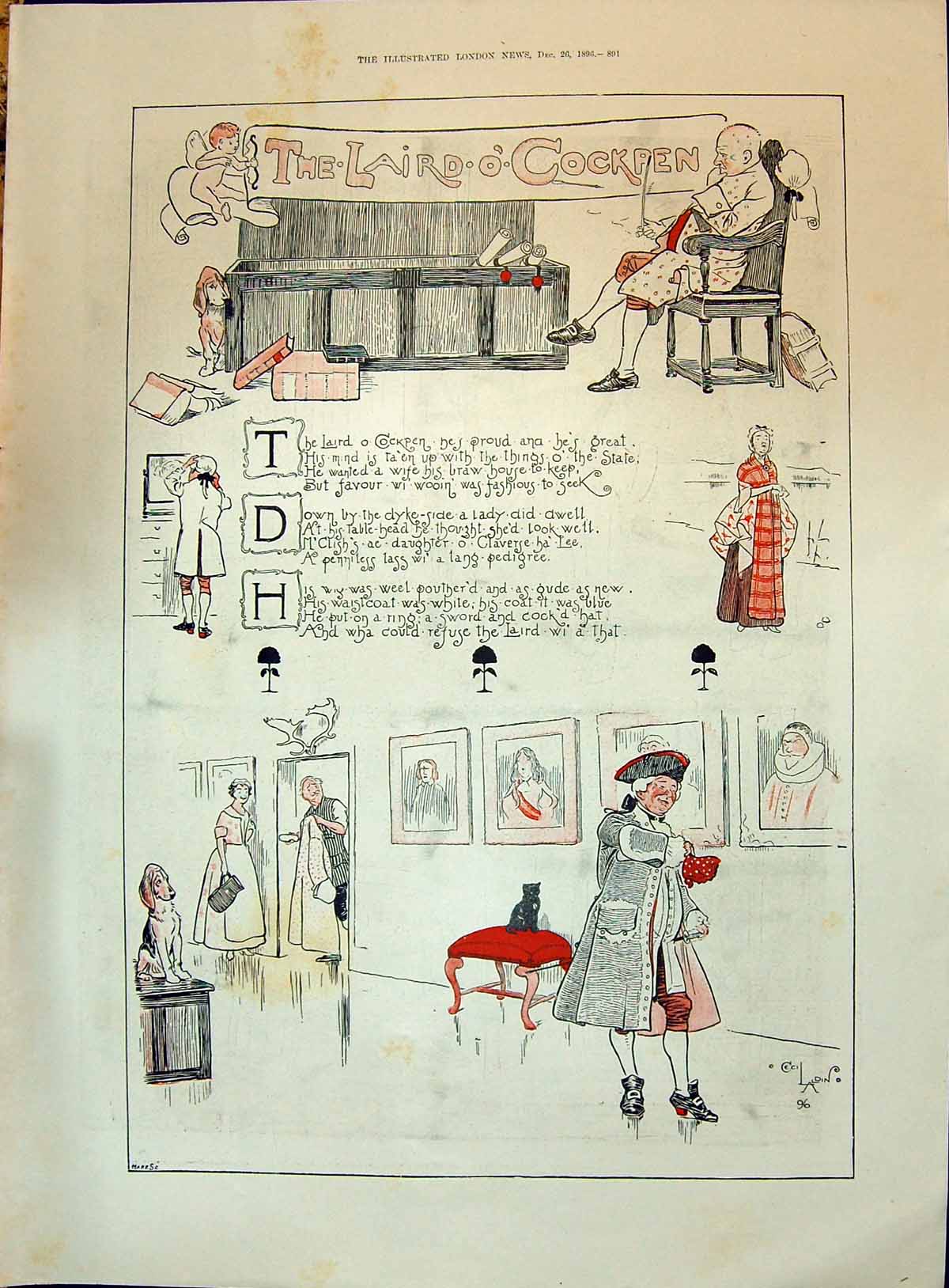 Antique Old Print 1896 Laird O'Cockpen Story Horse House Kitchen Cook Colour