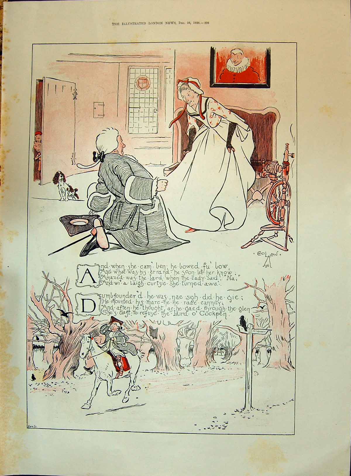 Old Print 1896 Story Romance Horse Dog House Window Carolina Nairn Finis 19th